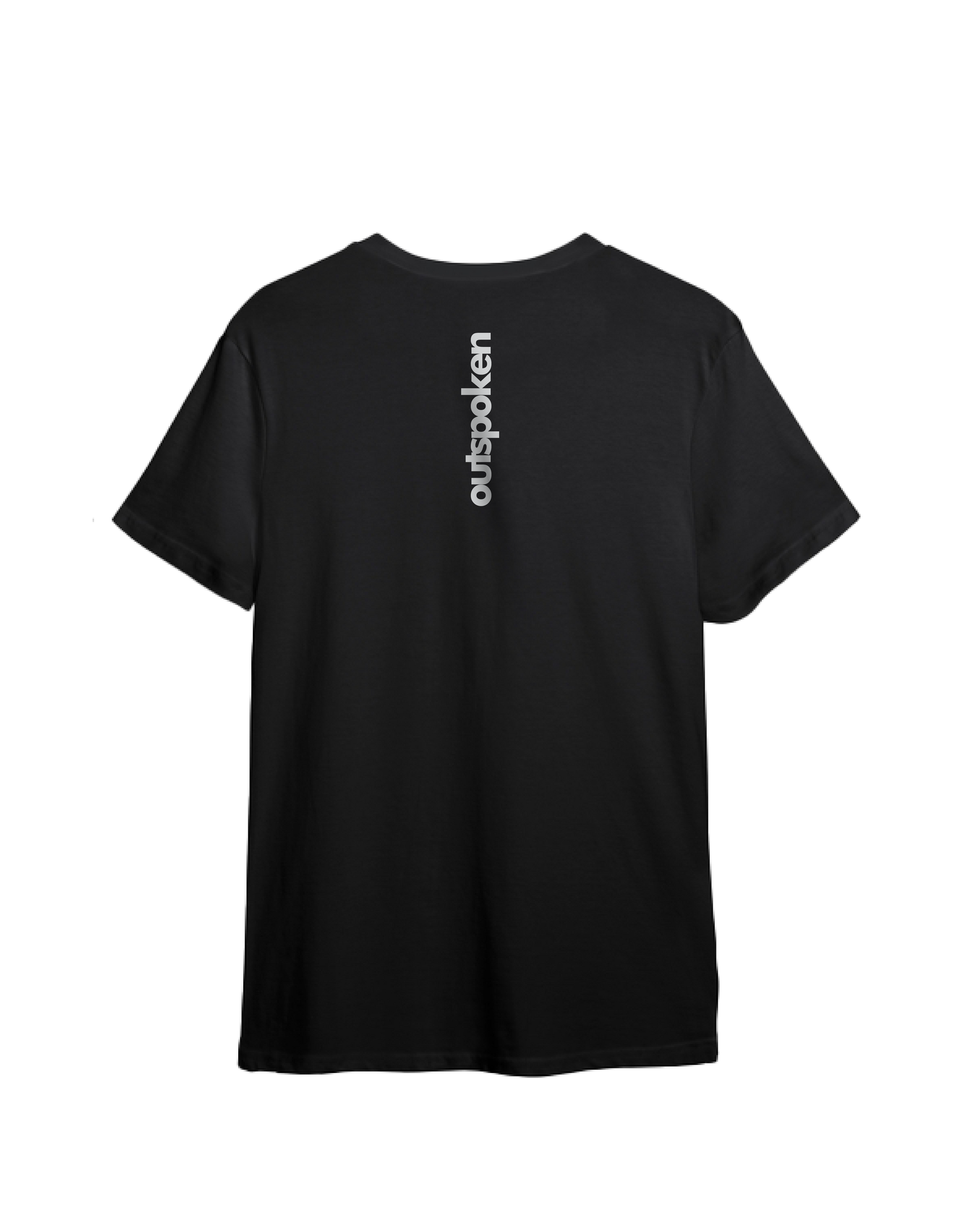 Black Ahimsa Parmo Dharma t-shirt from Outspoken with vertical white logo on back