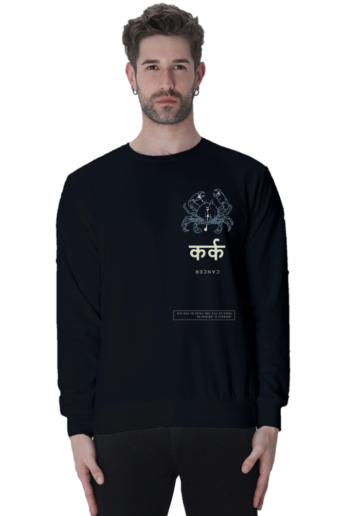 Outspoken cancer zodiac sweatshirt in black featuring a crab design and zodiac text