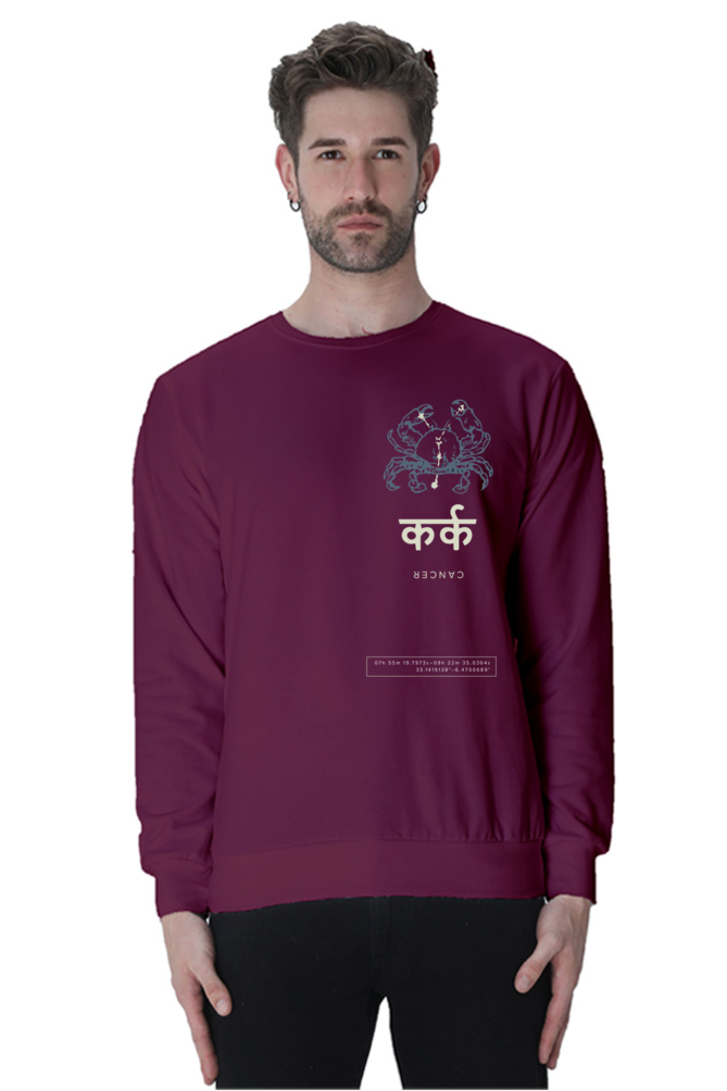 Man wearing a maroon cancer zodiac sweatshirt with crab design and Hindi text by Outspoken