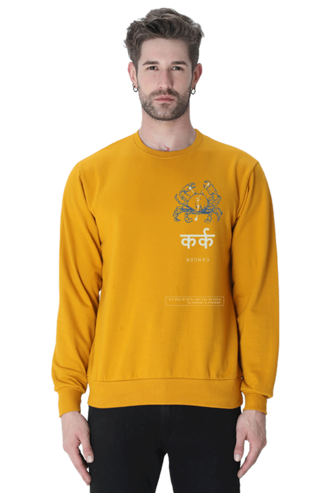 Outspoken mustard yellow cancer zodiac sweatshirt with crab design and Hindi text worn by male model
