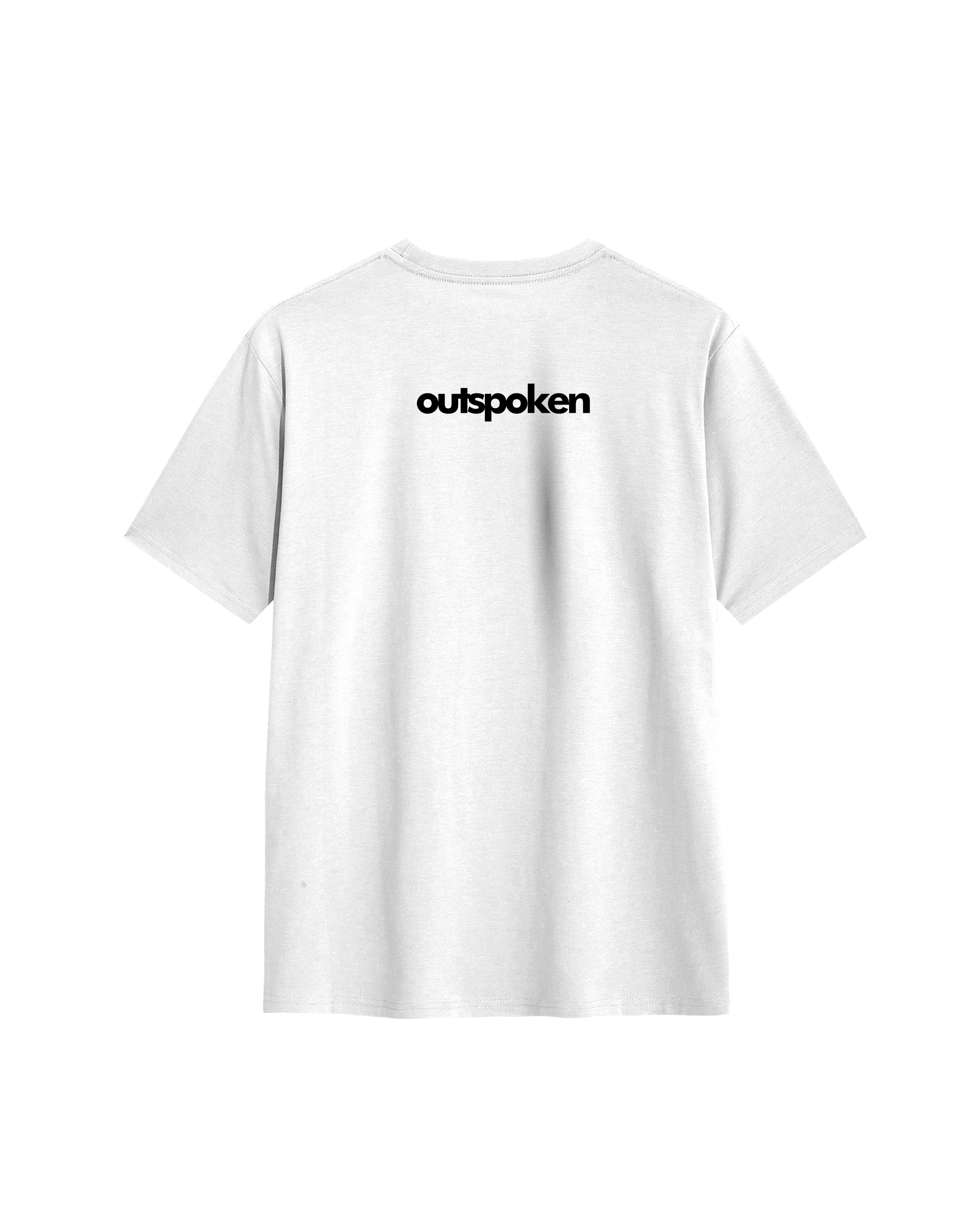 Outspoken white classic fit rebellion t-shirt with black logo on back against black background