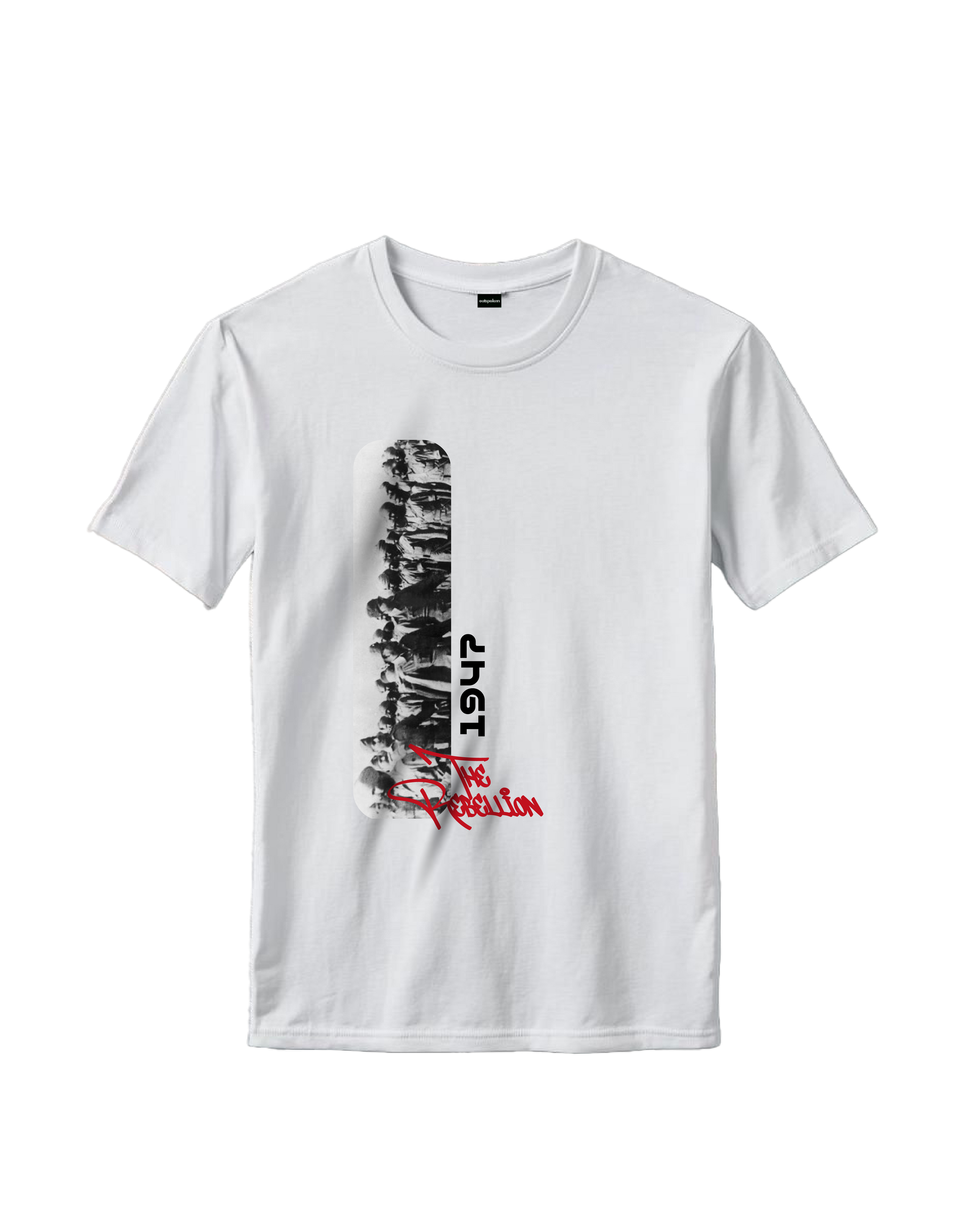Outspoken classic fit rebellion t-shirt in white with vertical black and red graphic design
