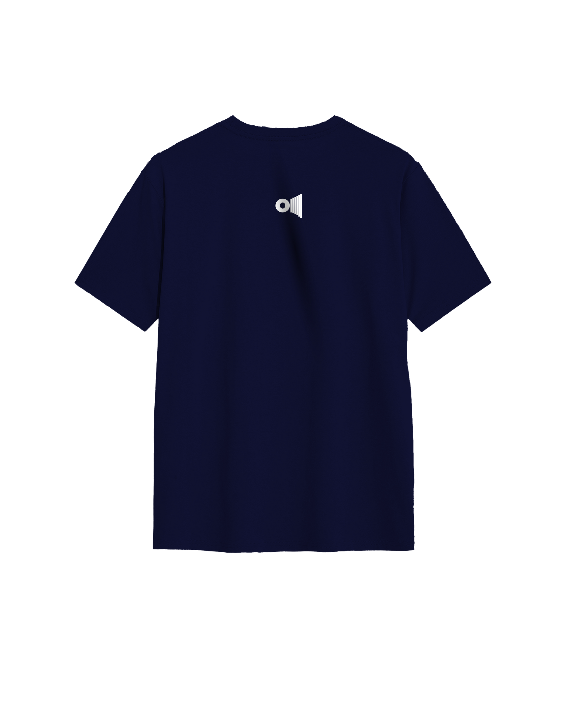 Outspoken navy blue Indian culture statement tee with a small white speaker icon on the back