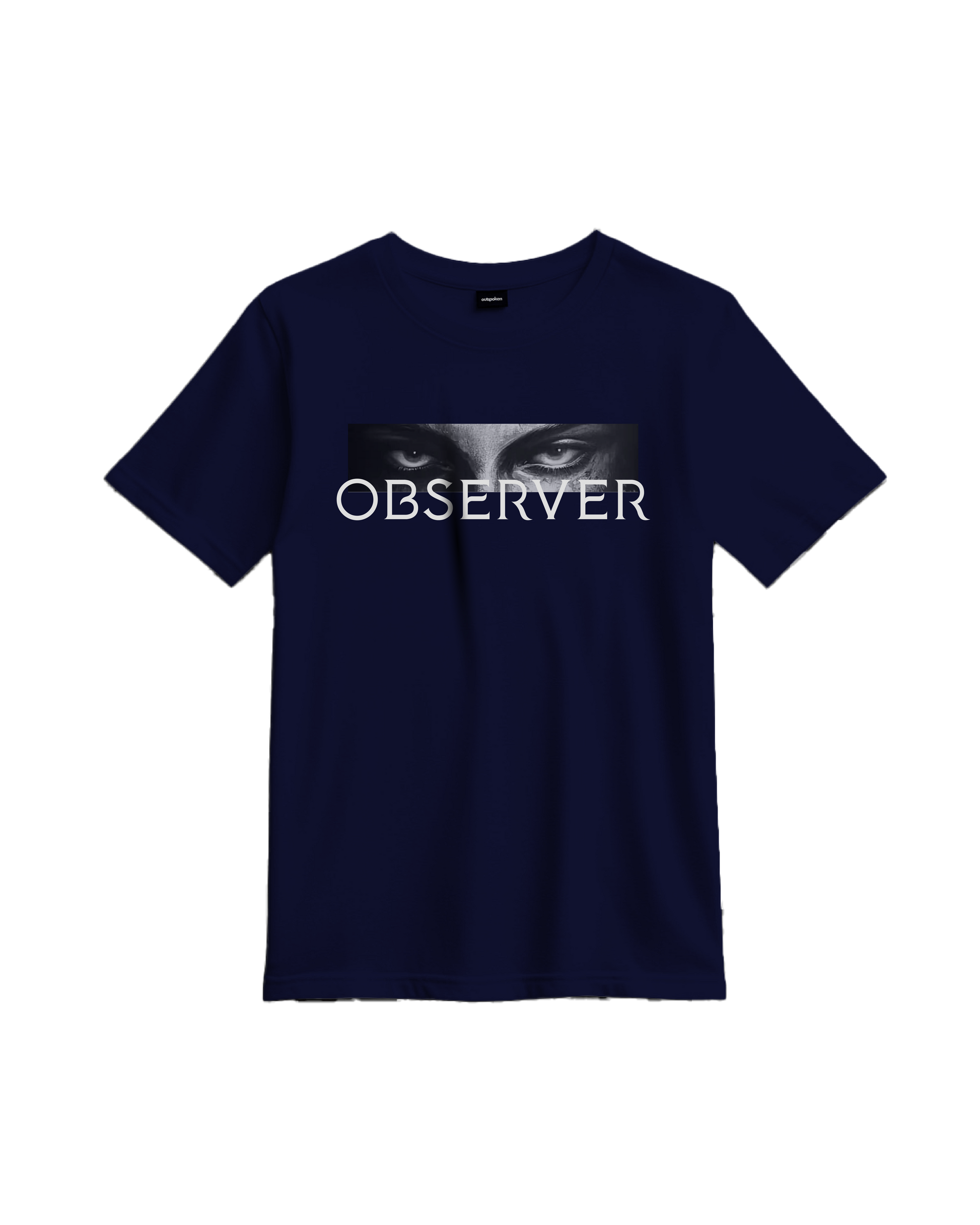 Outspoken Indian culture statement tee navy blue t-shirt with OBSERVER text and eyes graphic