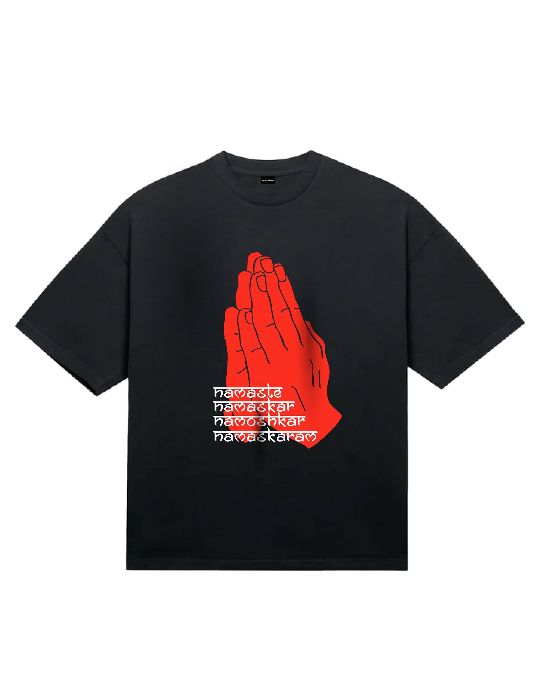 Outspoken black Namaste oversize t-shirt with large red praying hands graphic on front
