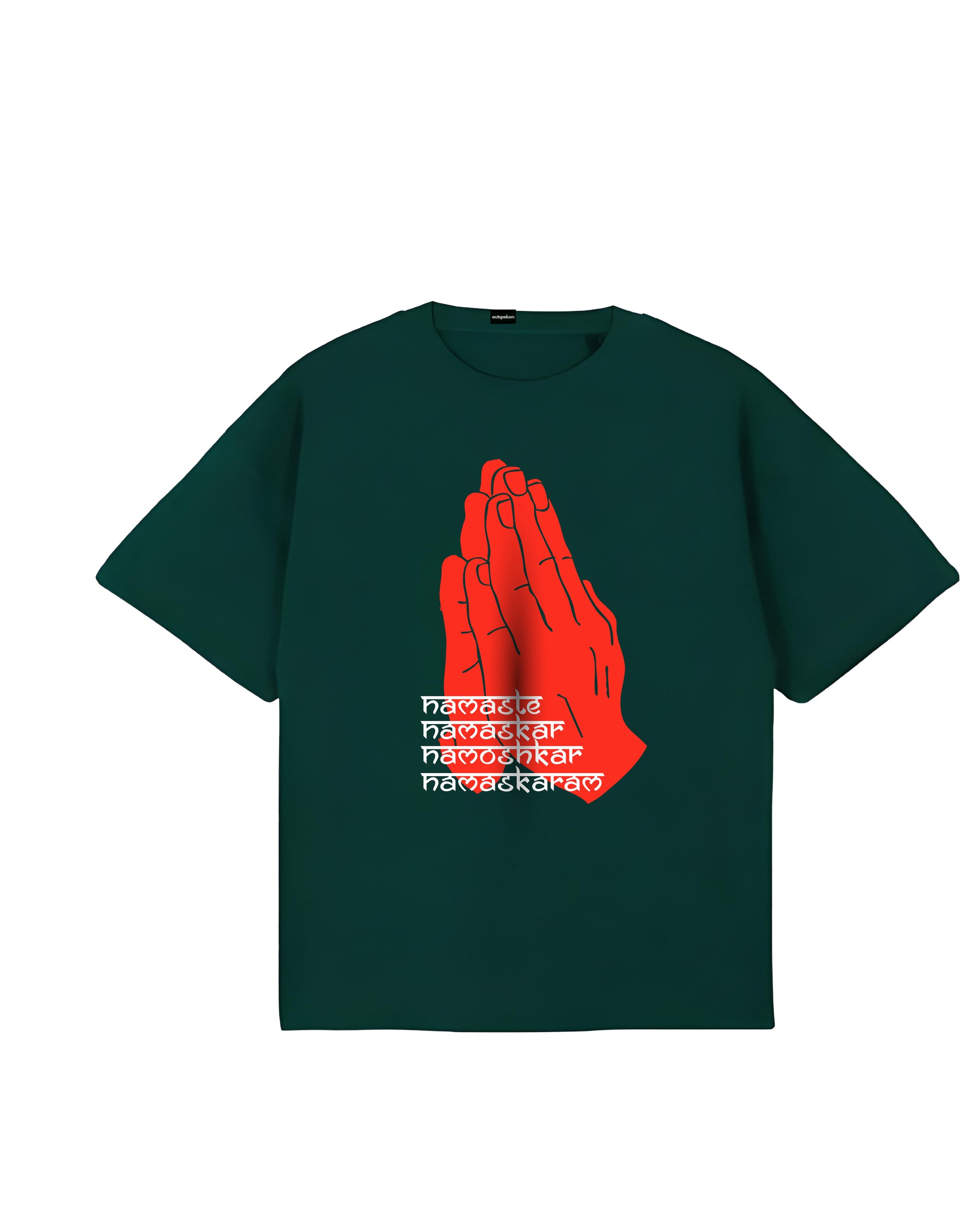 Outspoken green Namaste oversize t-shirt with red praying hands graphic and stylized text