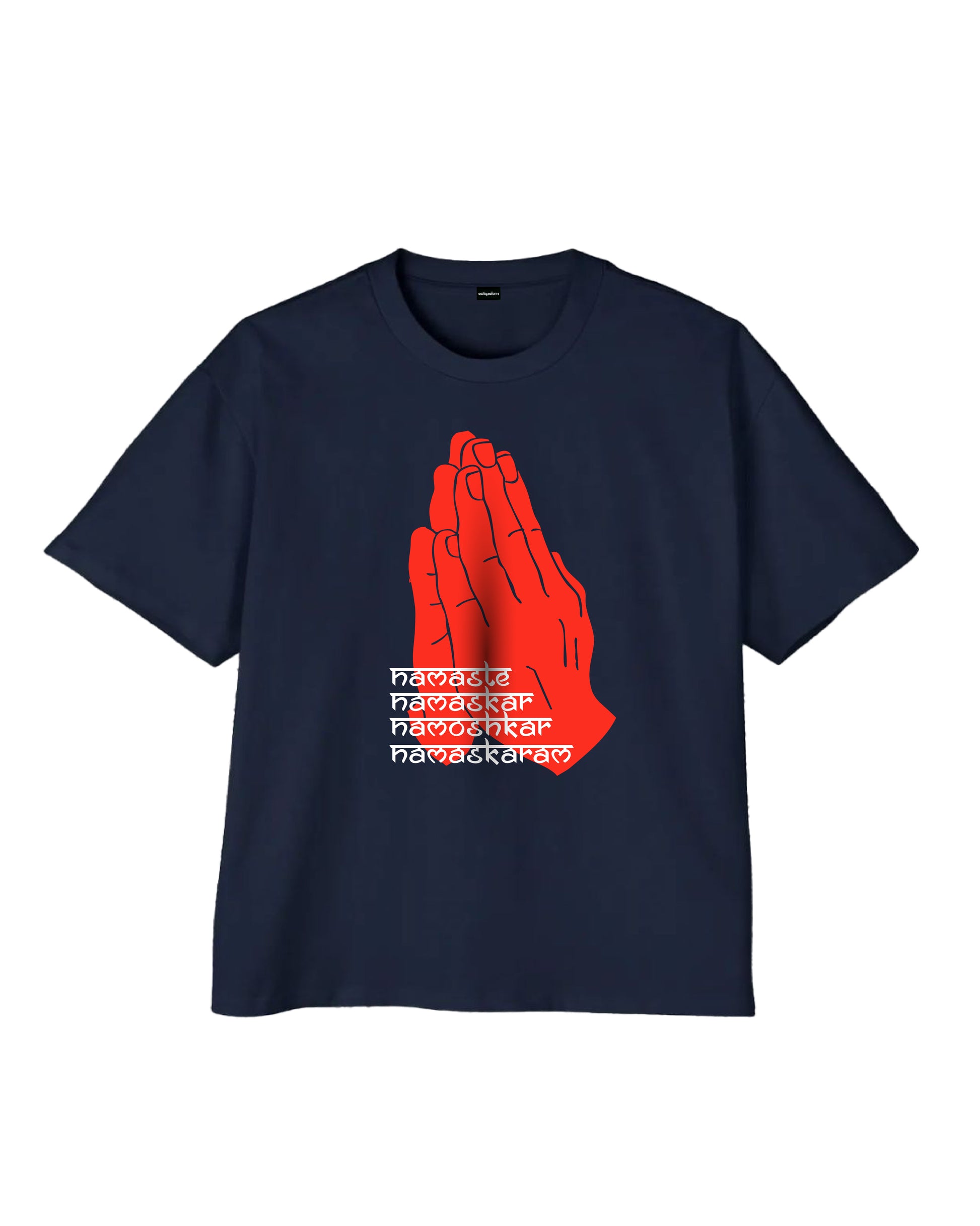 Outspoken Namaste oversize t-shirt in navy blue with red praying hands graphic and white text
