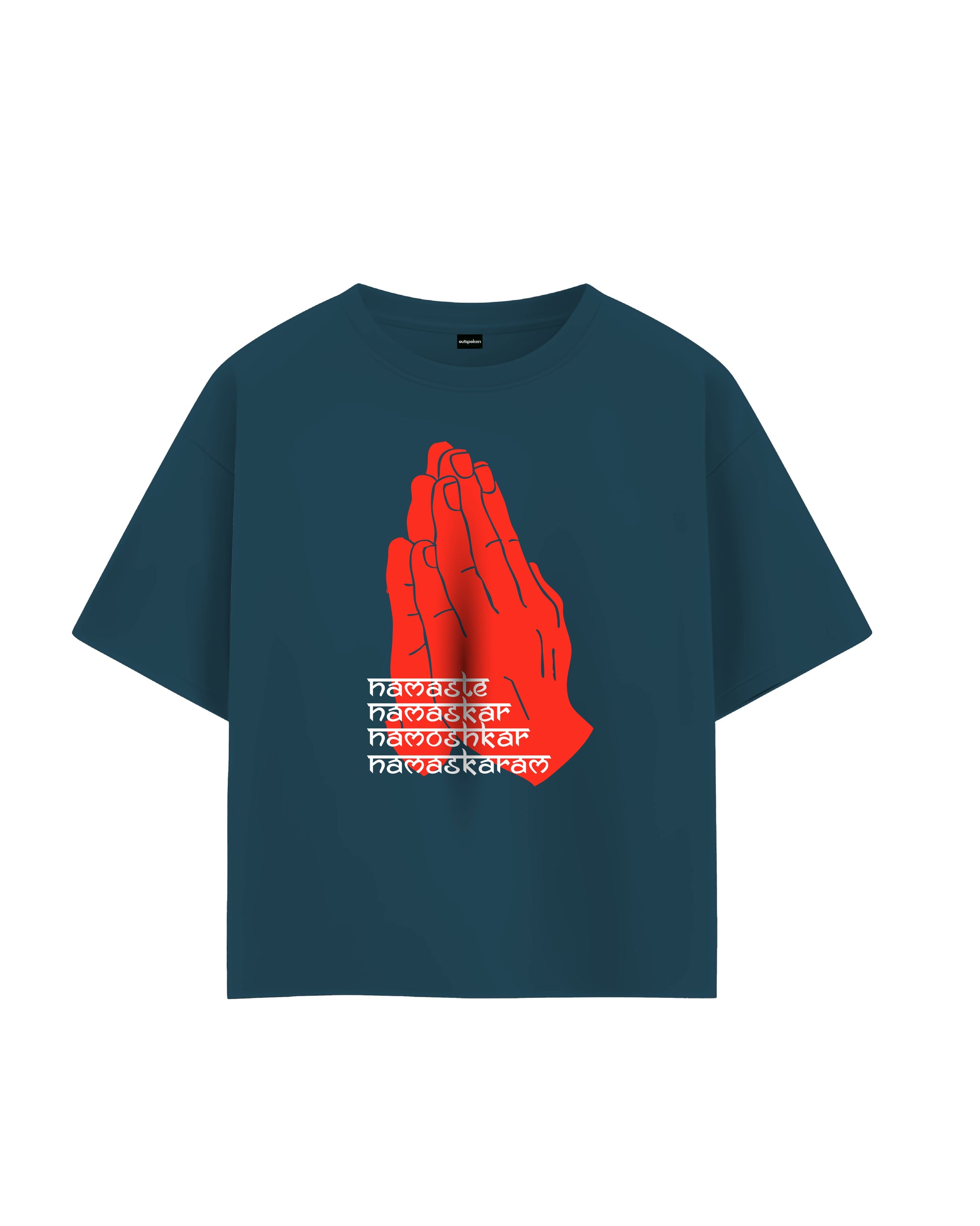 Outspoken Namaste oversize t-shirt in blue with red praying hands graphic and white text design