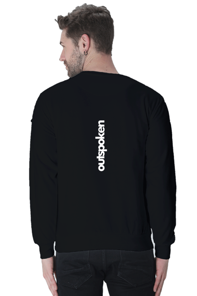 Back view of man wearing black cancer zodiac sweatshirt by Outspoken with white logo on the back