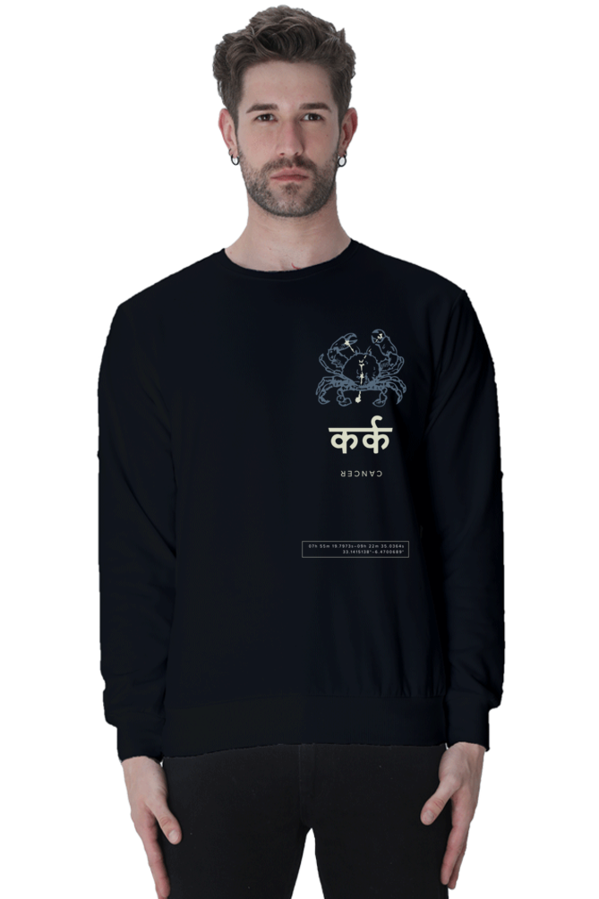 Men's black cancer zodiac sweatshirt with crab graphic and Hindi text by Outspoken