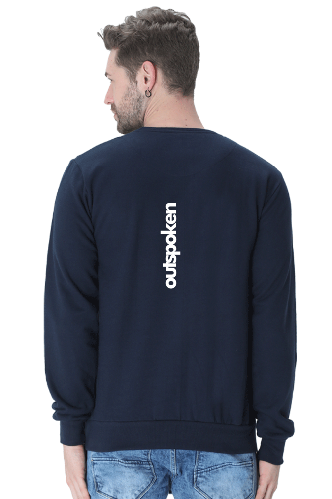 Navy blue cancer zodiac sweatshirt by Outspoken shown from the back with white logo text
