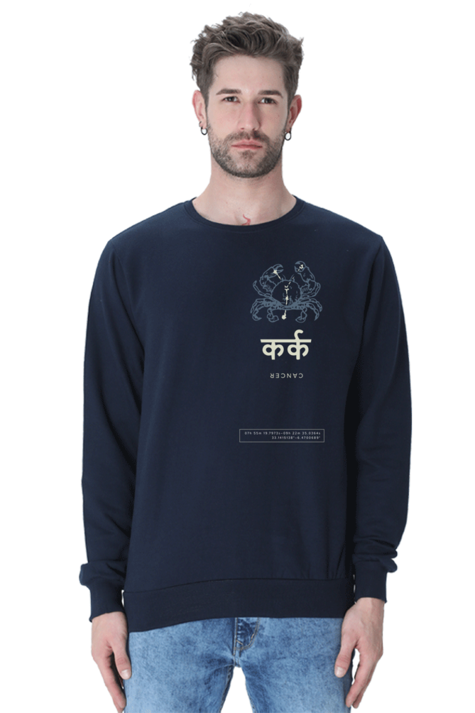 Outspoken navy cancer zodiac sweatshirt with crab design and Hindi text worn by male model