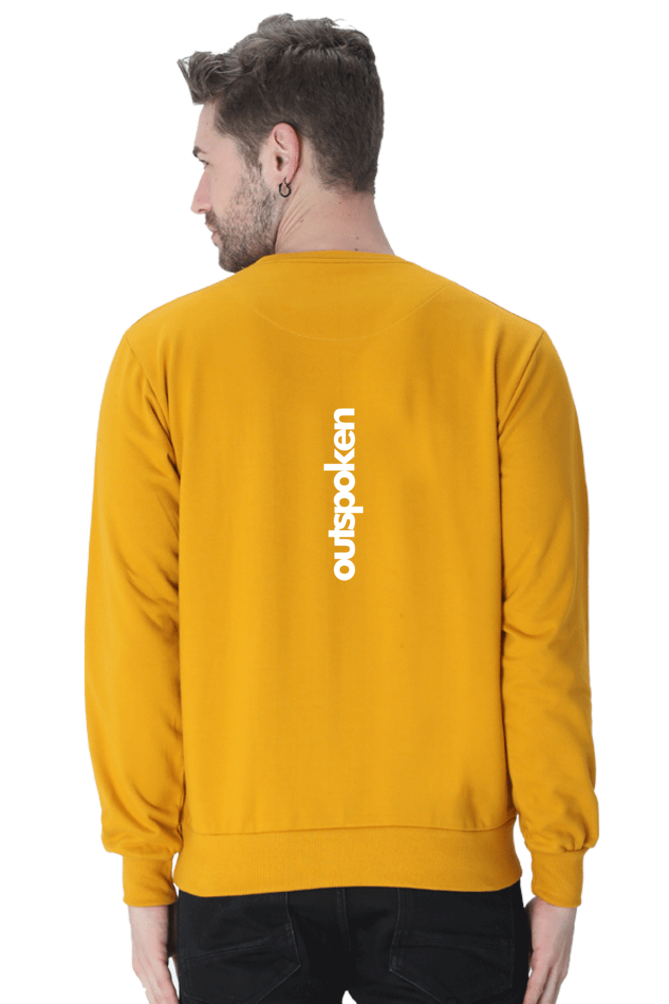 Back view of man wearing mustard yellow cancer zodiac sweatshirt with white outspoken logo