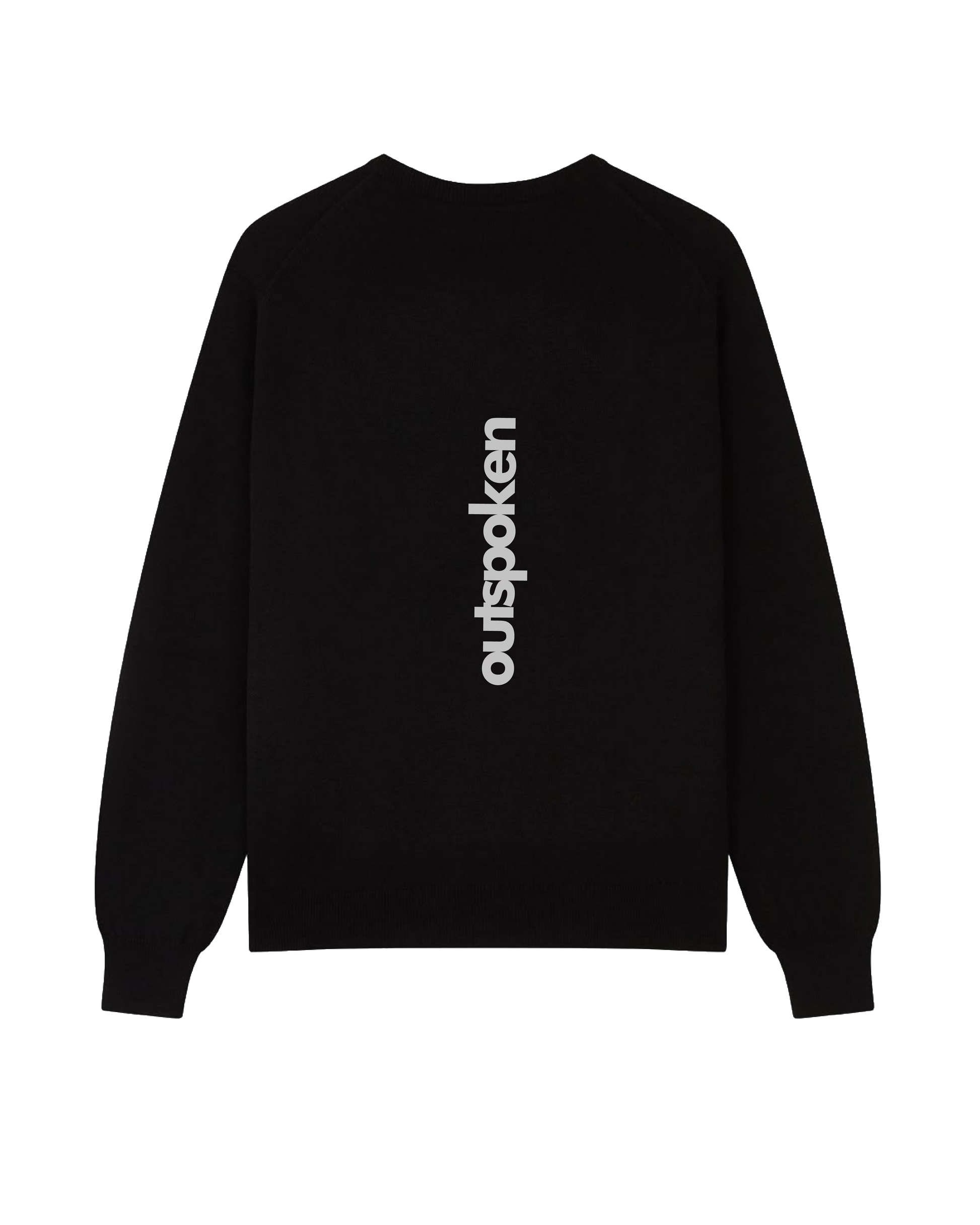 Black graphic sweatshirt with history featuring Outspoken logo vertically on the back