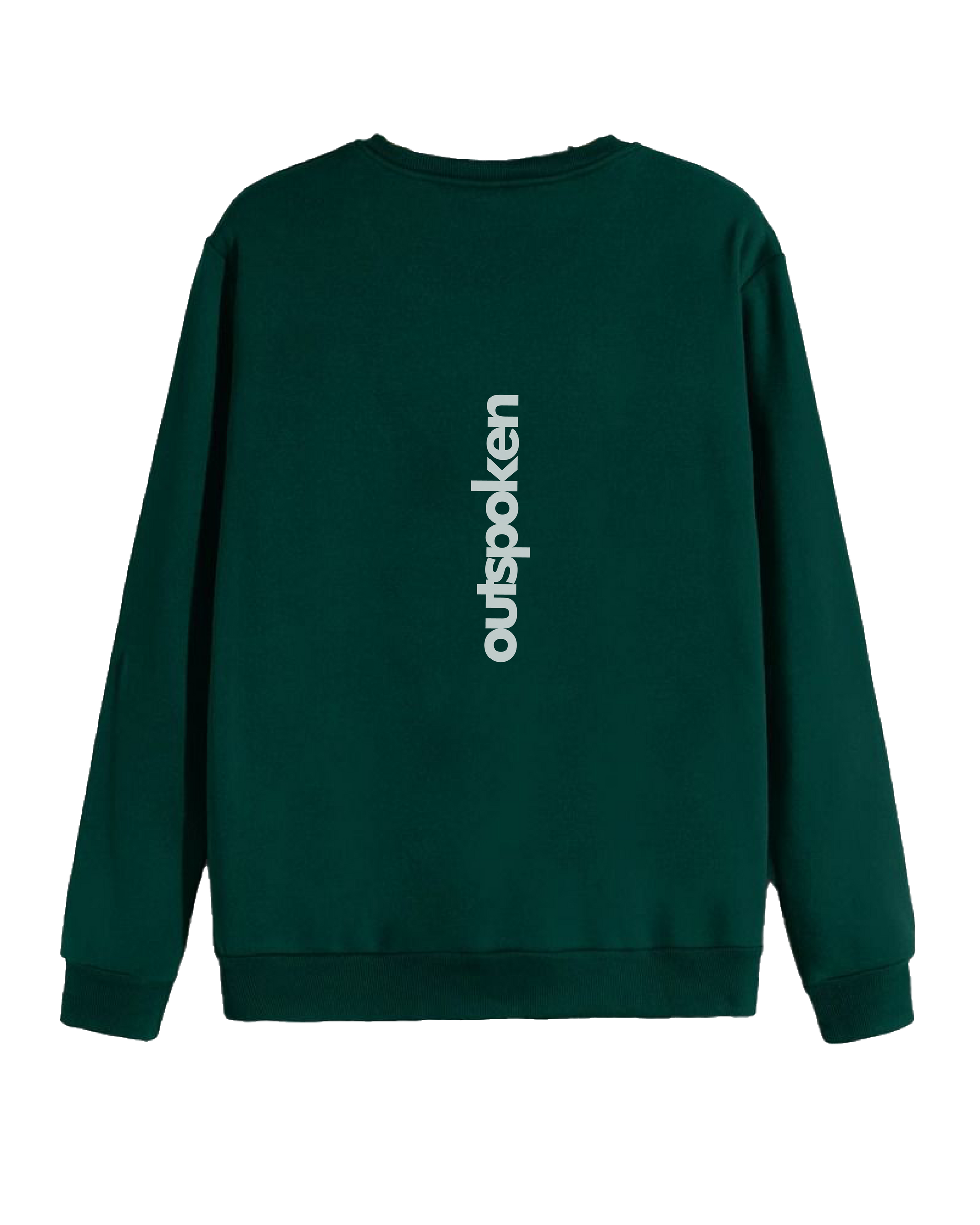 Outspoken green graphic sweatshirt with history featuring vertical white logo text on the back