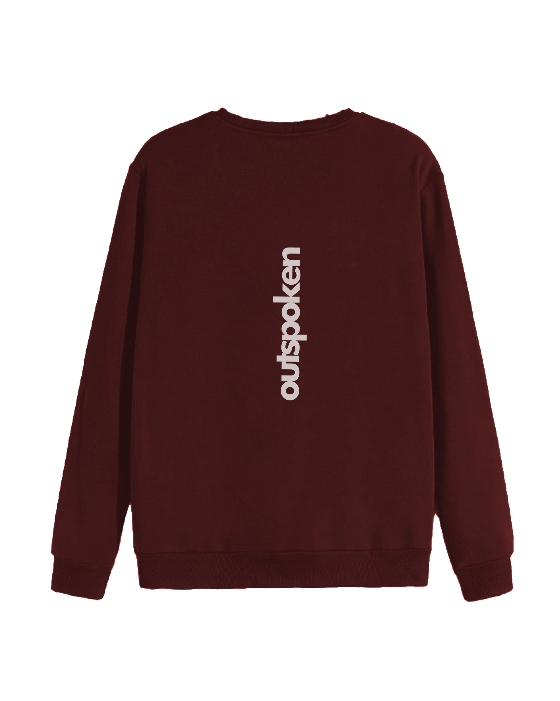 Outspoken maroon graphic sweatshirt with history featuring vertical white logo on the back