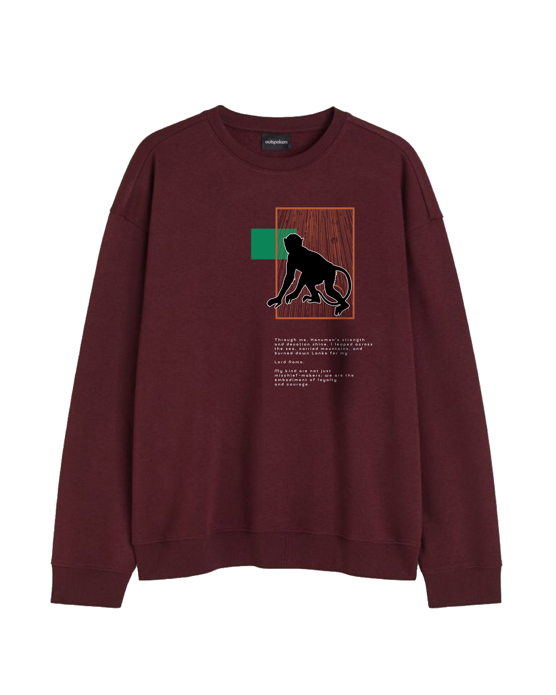 Outspoken burgundy graphic sweatshirt with history featuring a monkey silhouette and text design