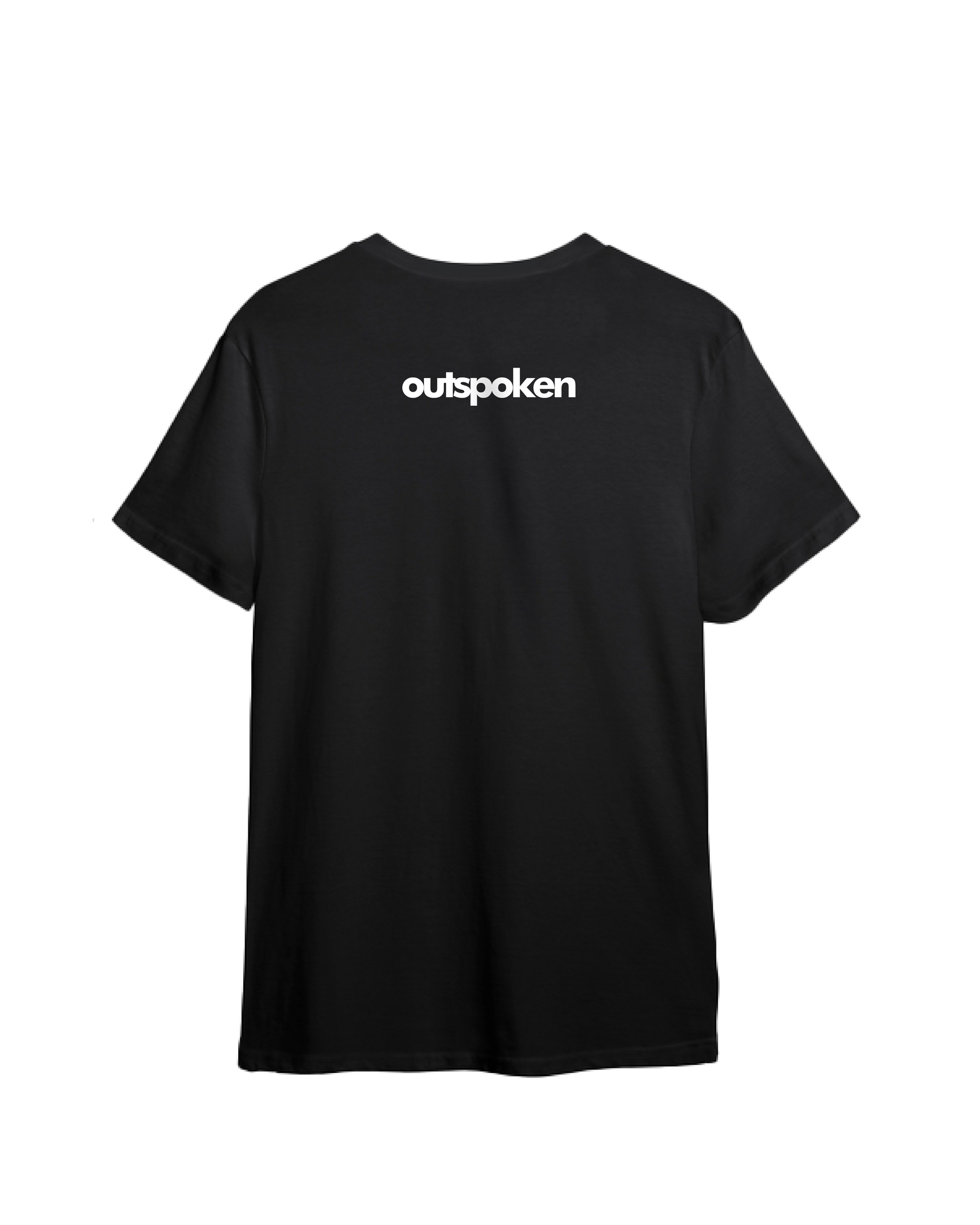 Outspoken black Indian alphabet graphic tee showing back with white logo print