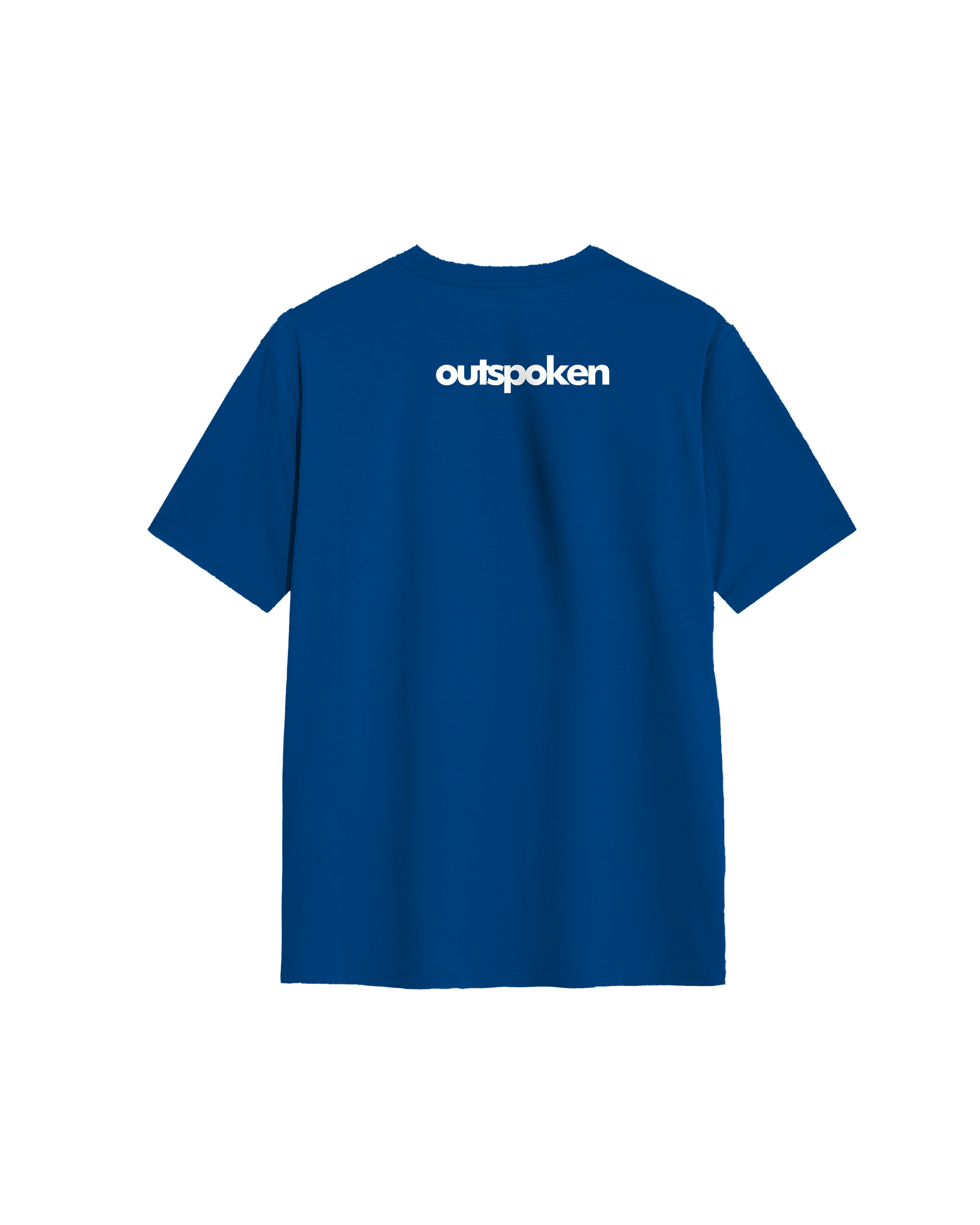 Outspoken blue Indian alphabet graphic tee showing back with white logo print on black background