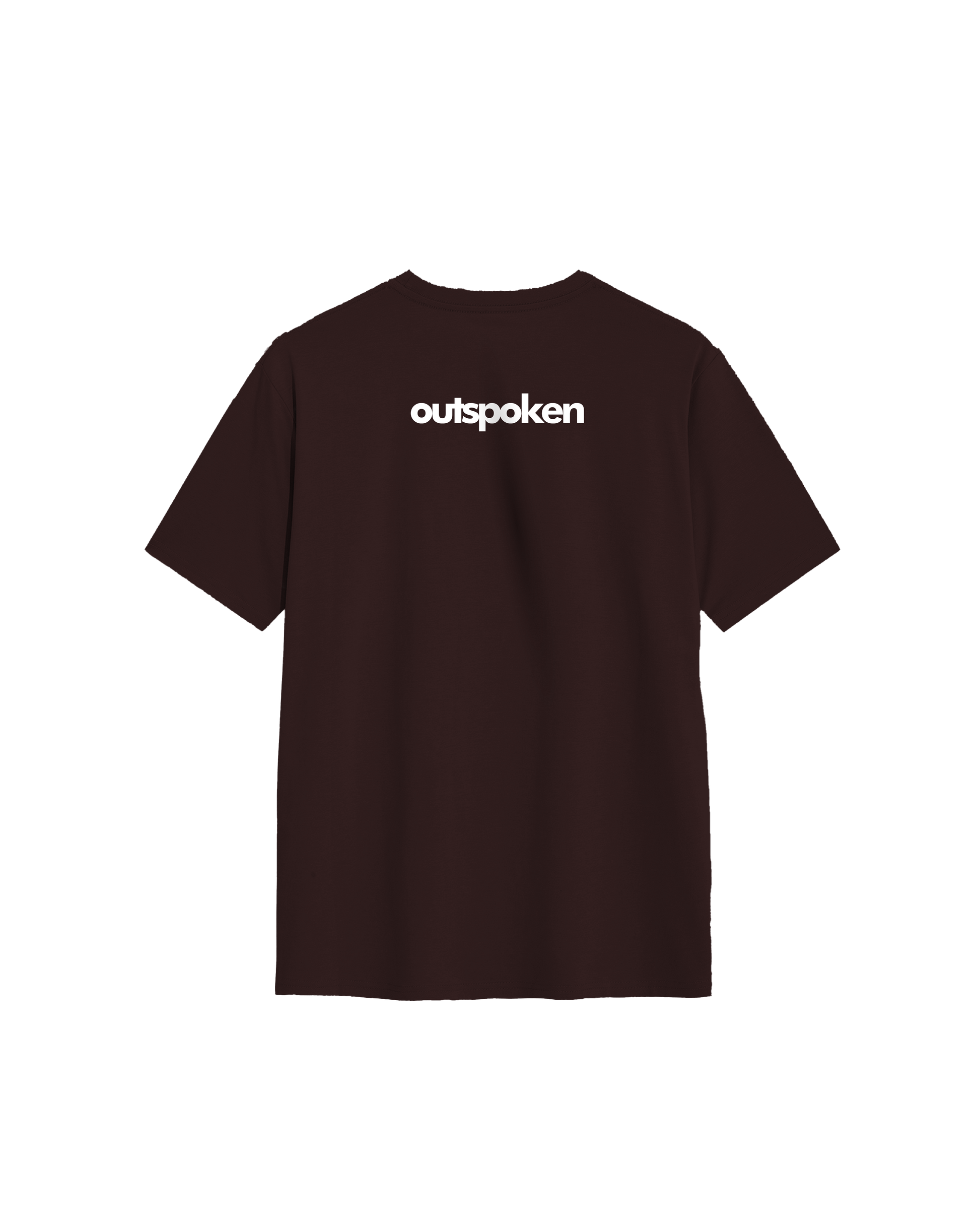Outspoken brand brown Indian alphabet graphic tee showing back with white logo print