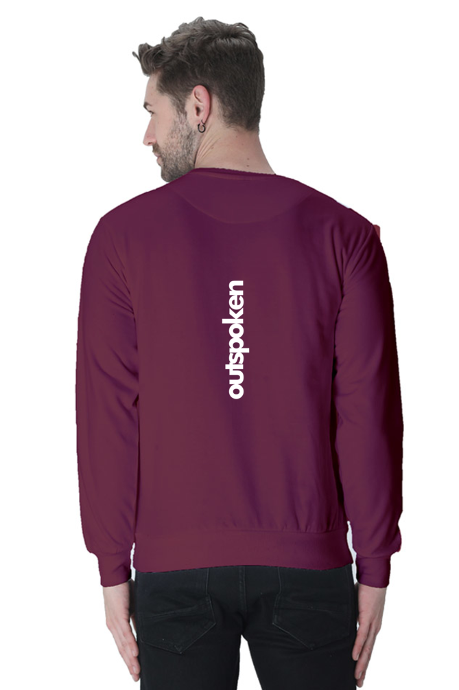 Back view of a man wearing a maroon Indian culture graphic sweatshirt with Outspoken logo on the back