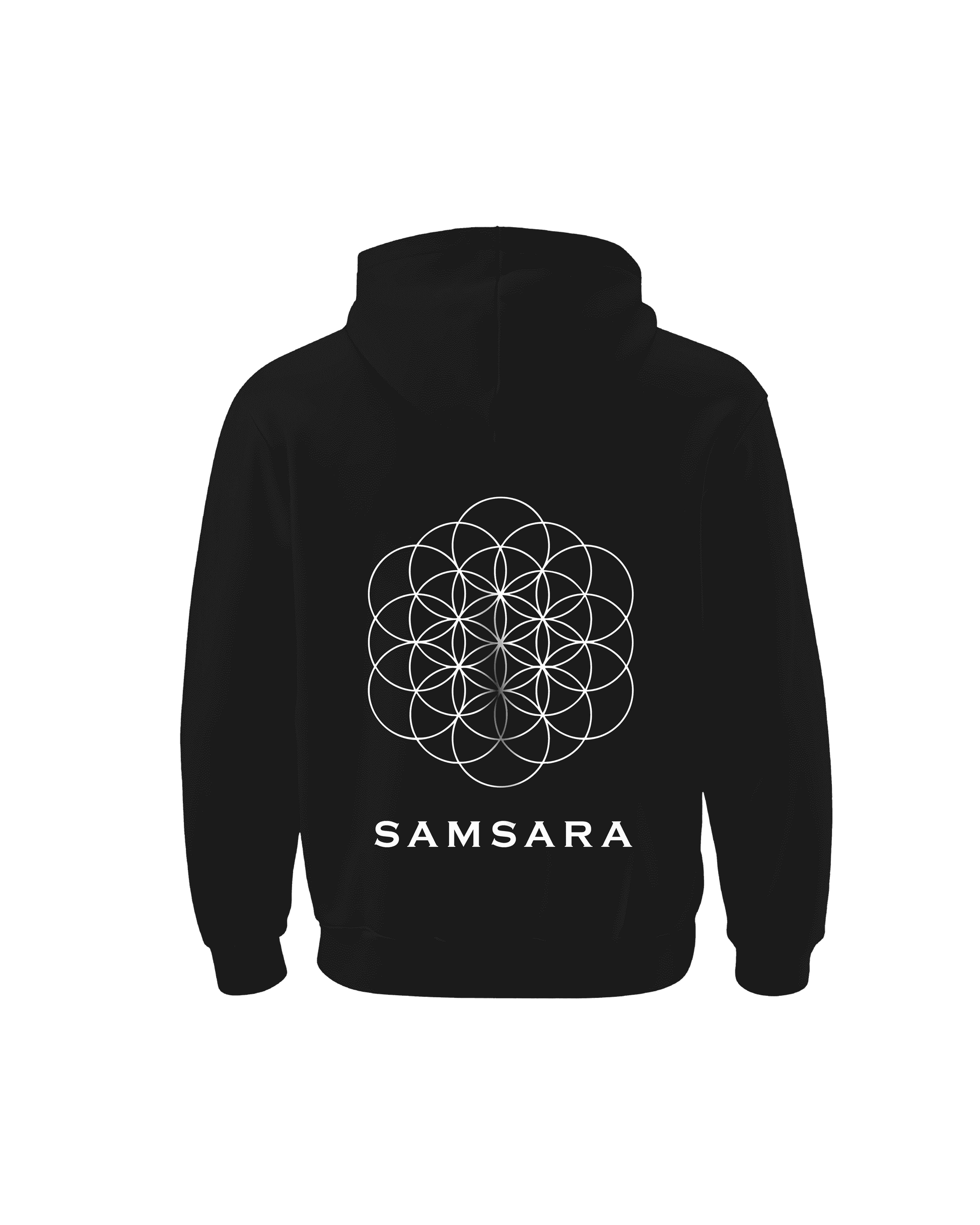 Black hoodie with white geometric Samsara design on the back Indian culture hoodie by Outspoken
