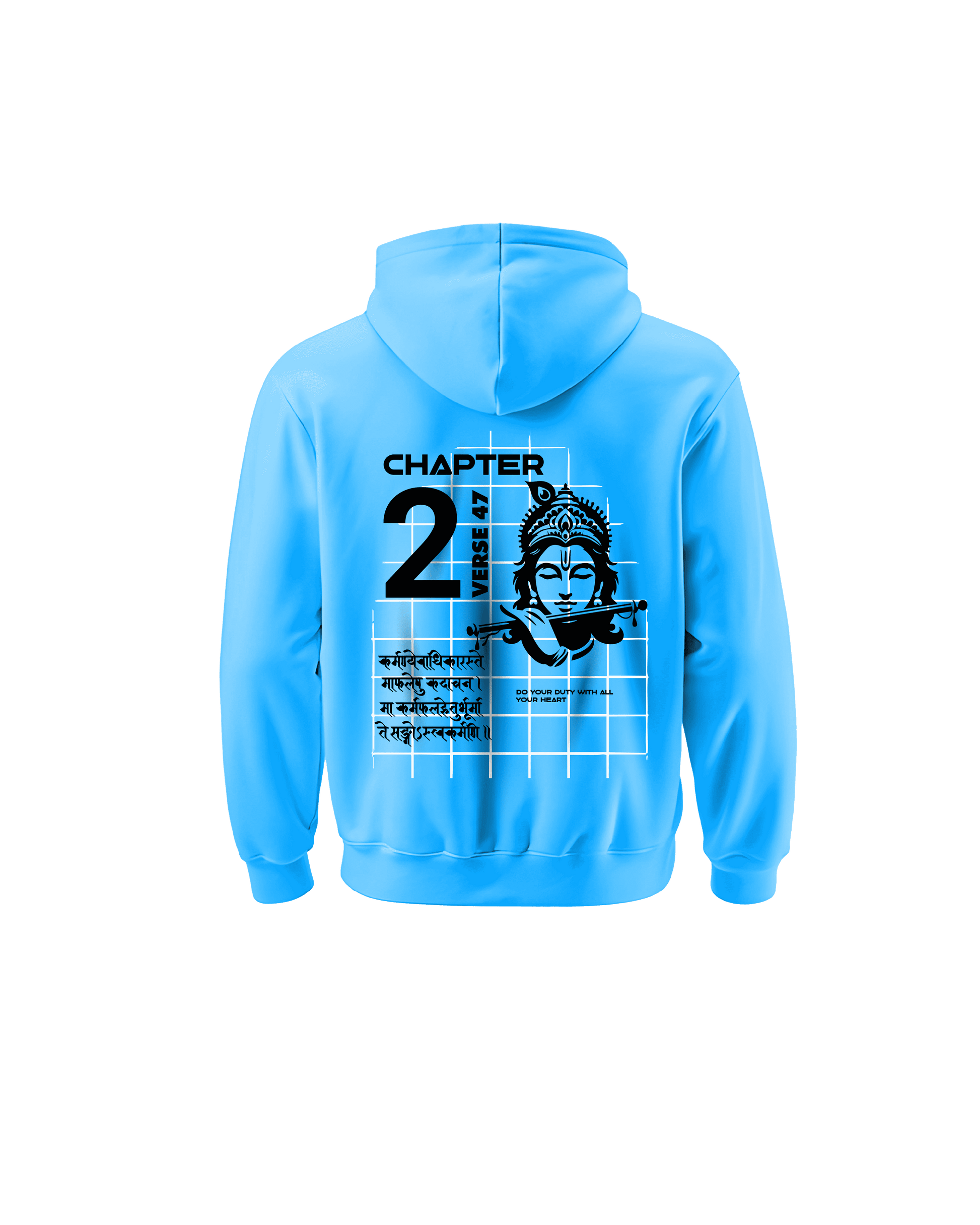 Outspoken light blue Indian culture hoodie with black graphic of Lord Krishna and Chapter 2 verse 47 text