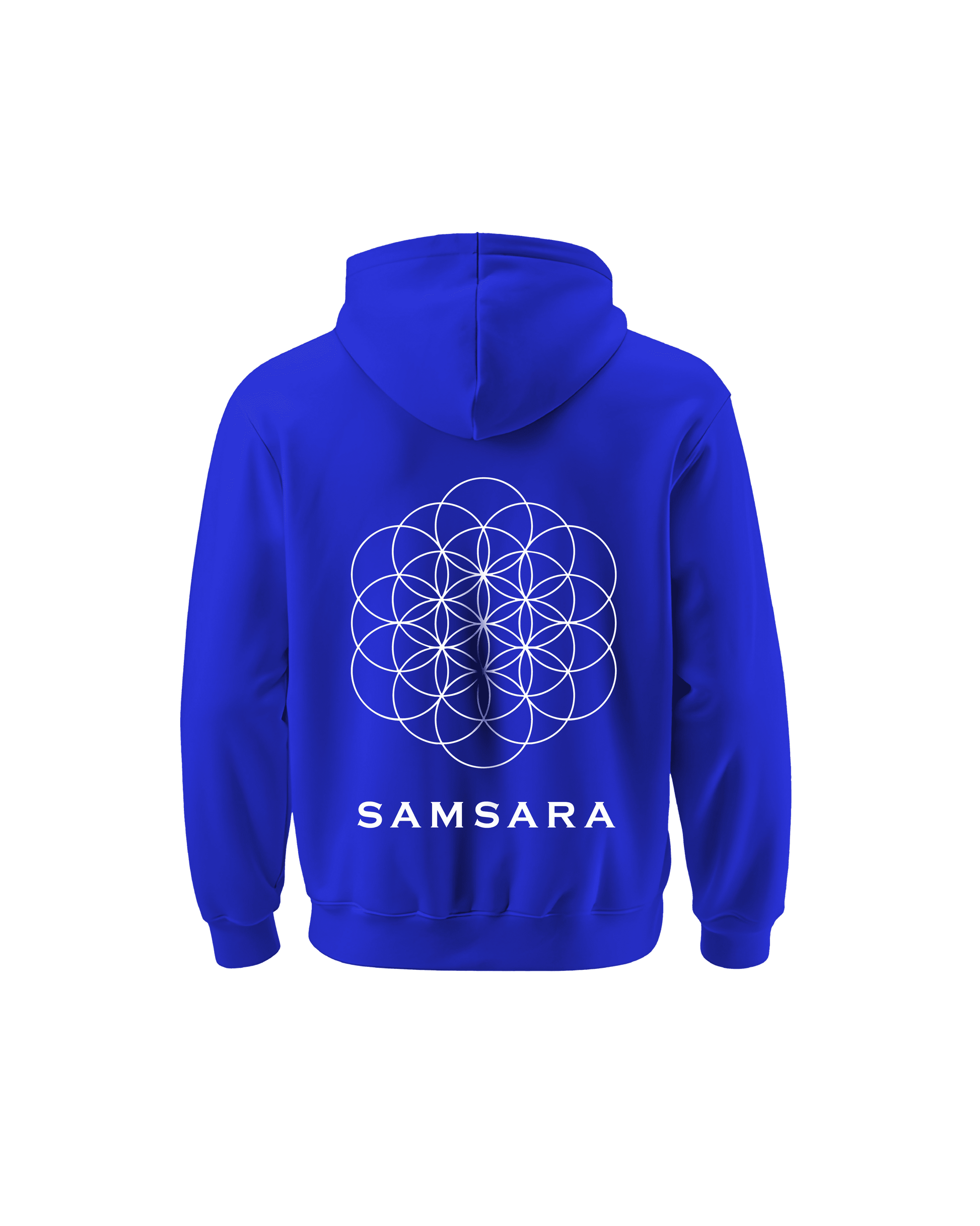 Outspoken blue Indian culture hoodie with white geometric samsara design on the back