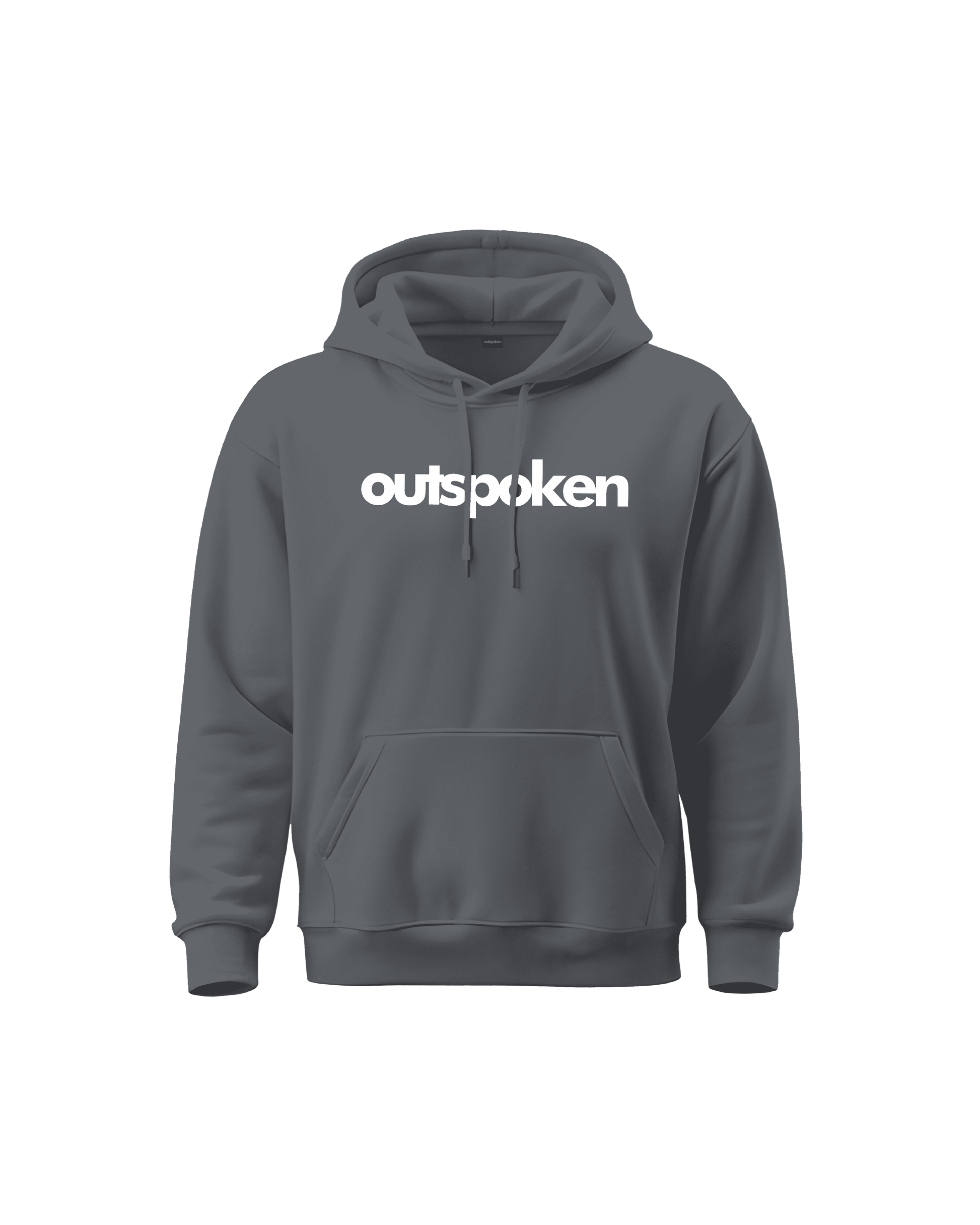 Outspoken gray Indian culture hoodie with white logo text and front pouch pocket