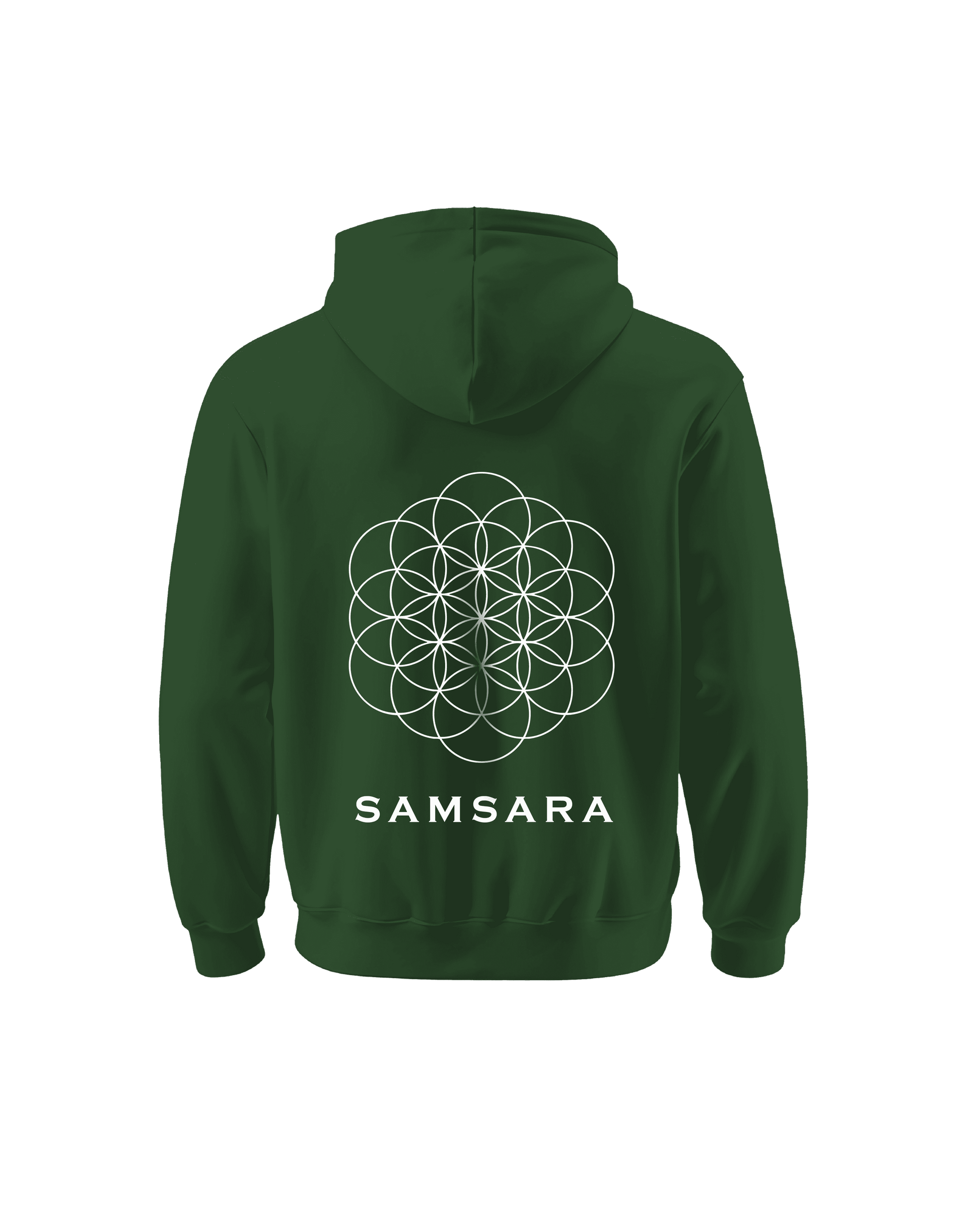 Green hoodie with white geometric mandala and Samsara text representing Indian culture hoodie from Outspoken