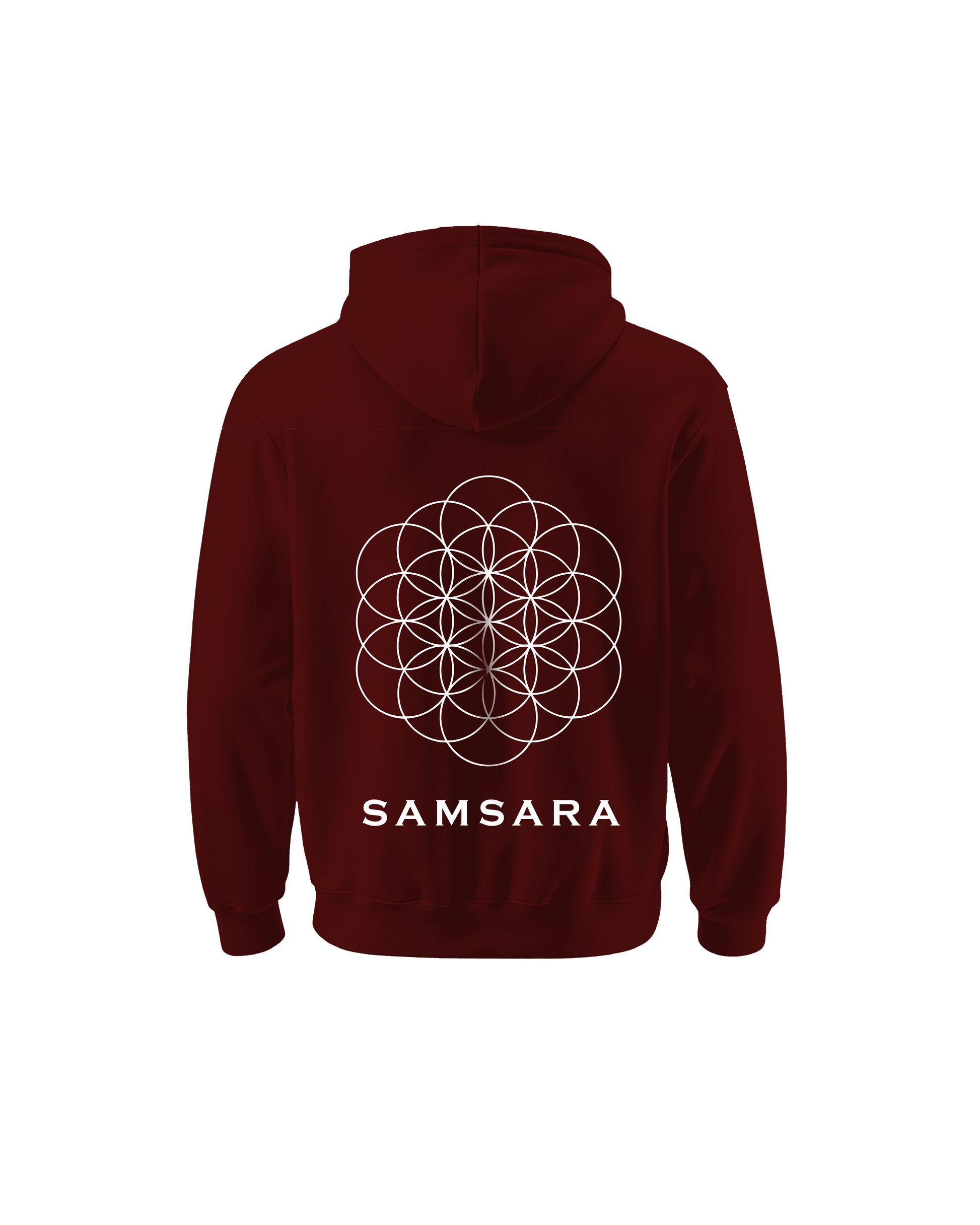 Outspoken Indian culture hoodie in dark red with white Samsara geometric design on the back