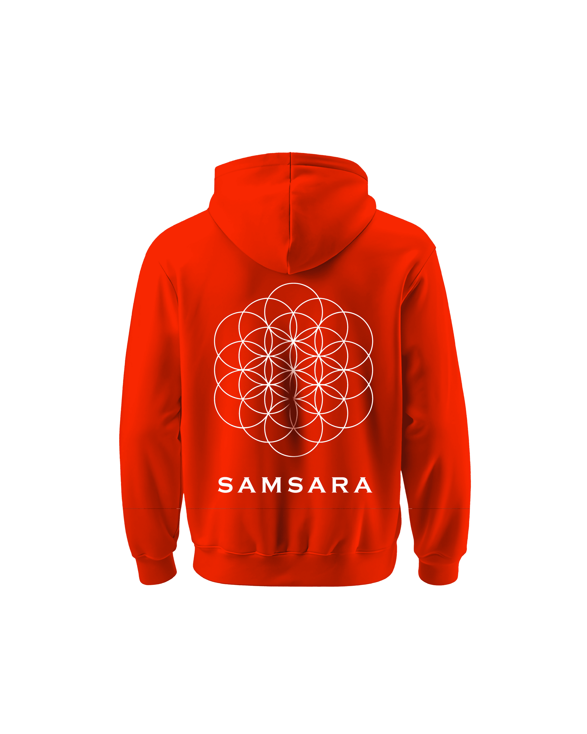 Outspoken red Indian culture hoodie with white Samsara geometric design on the back