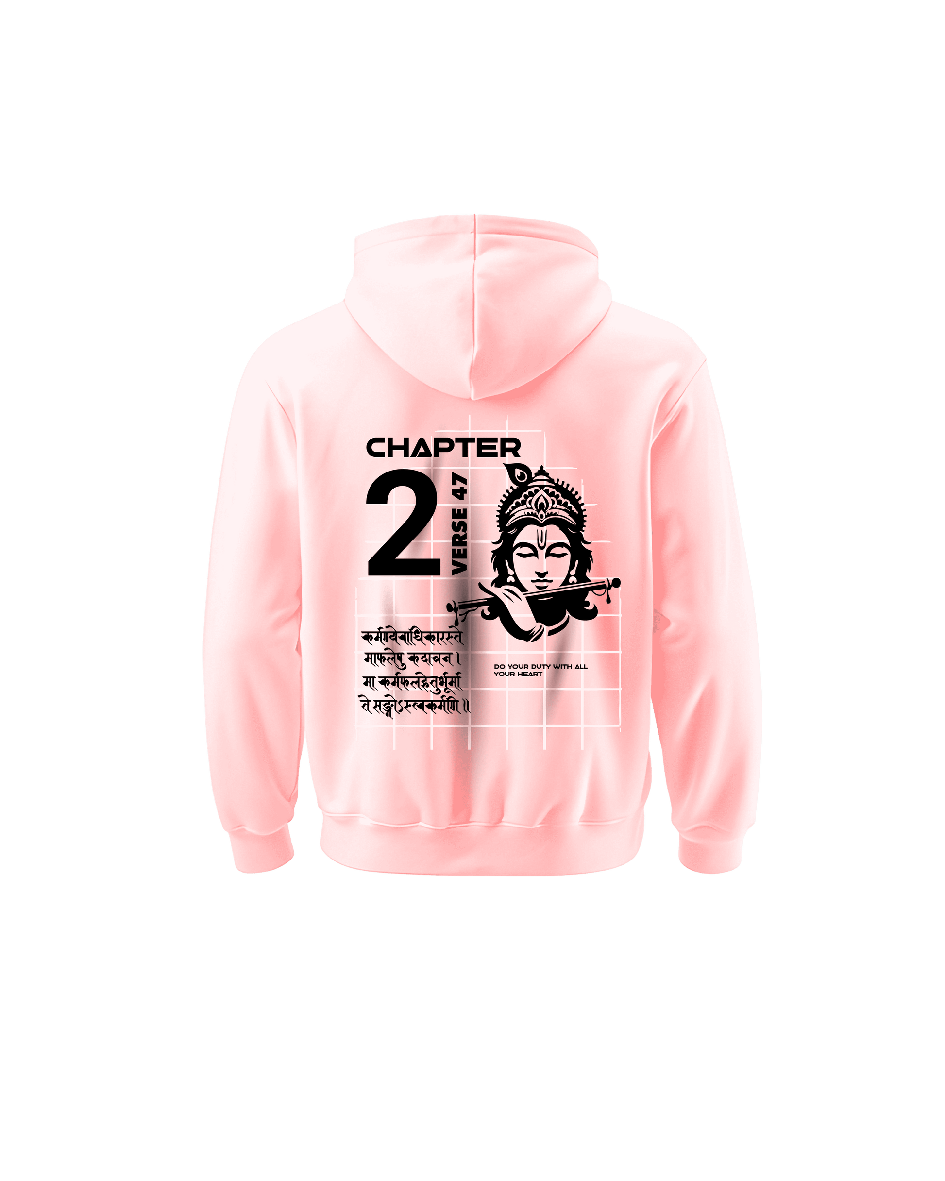 Outspoken pink Indian culture hoodie featuring Lord Krishna graphic and Chapter 2 verse text on back