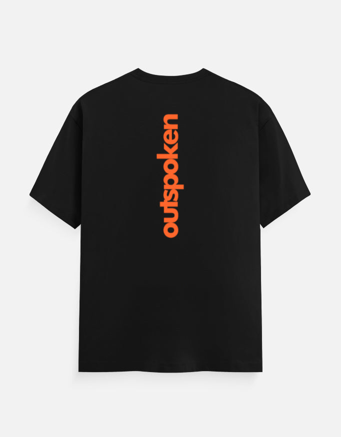 Black Outspoken Indian festival graphic tee with vertical orange logo on the back