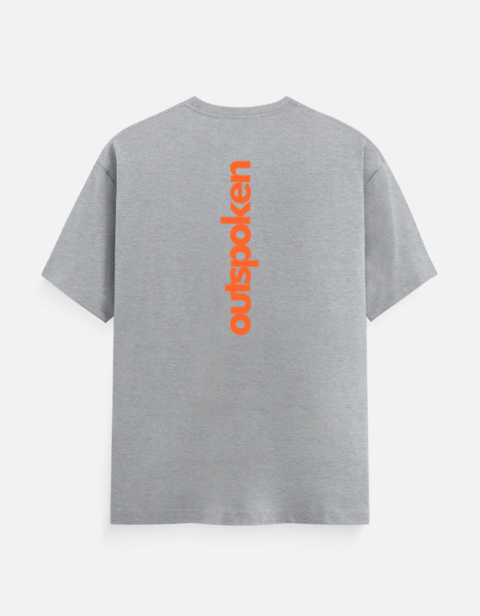Outspoken grey Indian festival graphic tee with bold orange vertical logo on the back