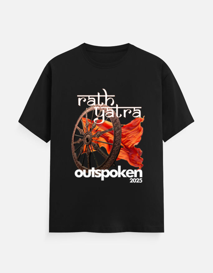 Black Outspoken t-shirt featuring Indian festival graphic tee design with Rath Yatra wagon wheel and orange flag