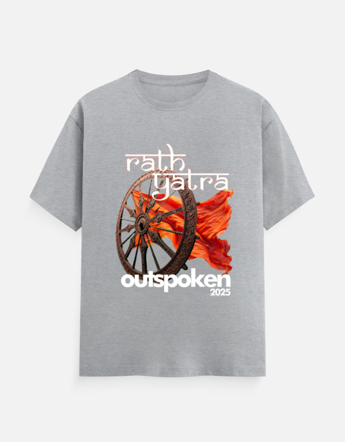 Outspoken gray Indian festival graphic tee featuring Rath Yatra design with chariot wheel and orange flag