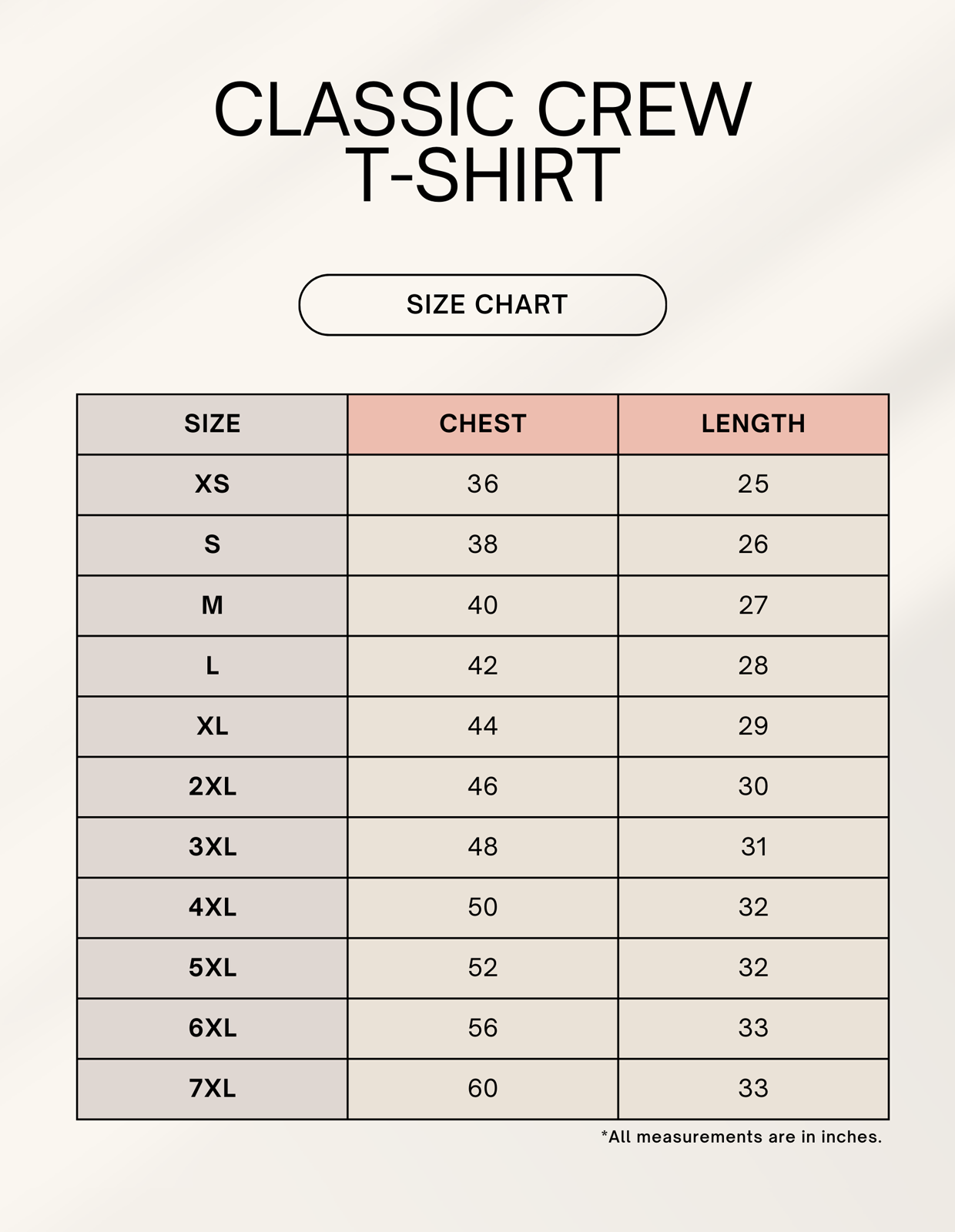 Size chart for Outspoken classic crew T-shirt showing chest and length measurements in inches