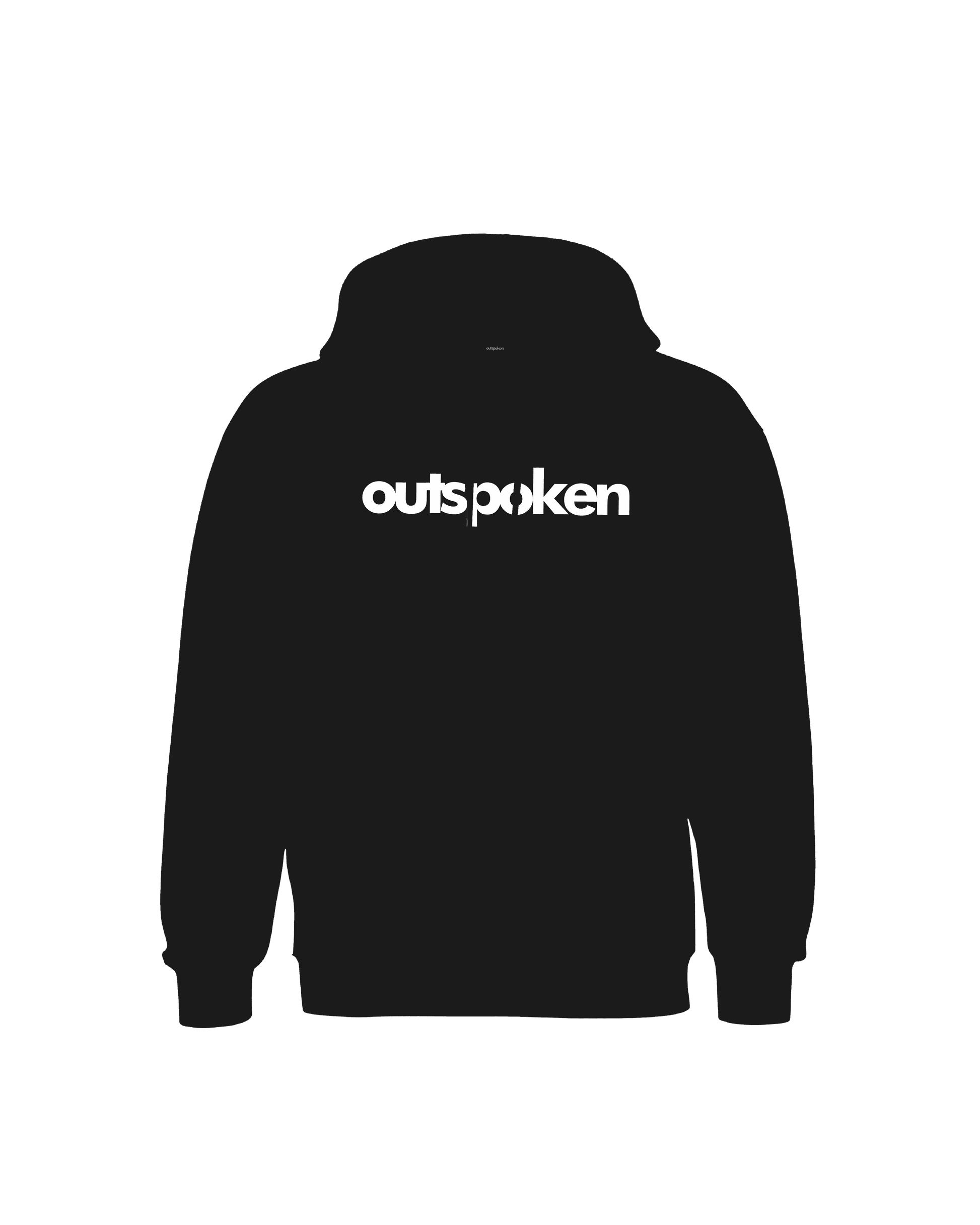 Black Outspoken hoodie with white logo on front, part of the Indian heritage hoodies collection