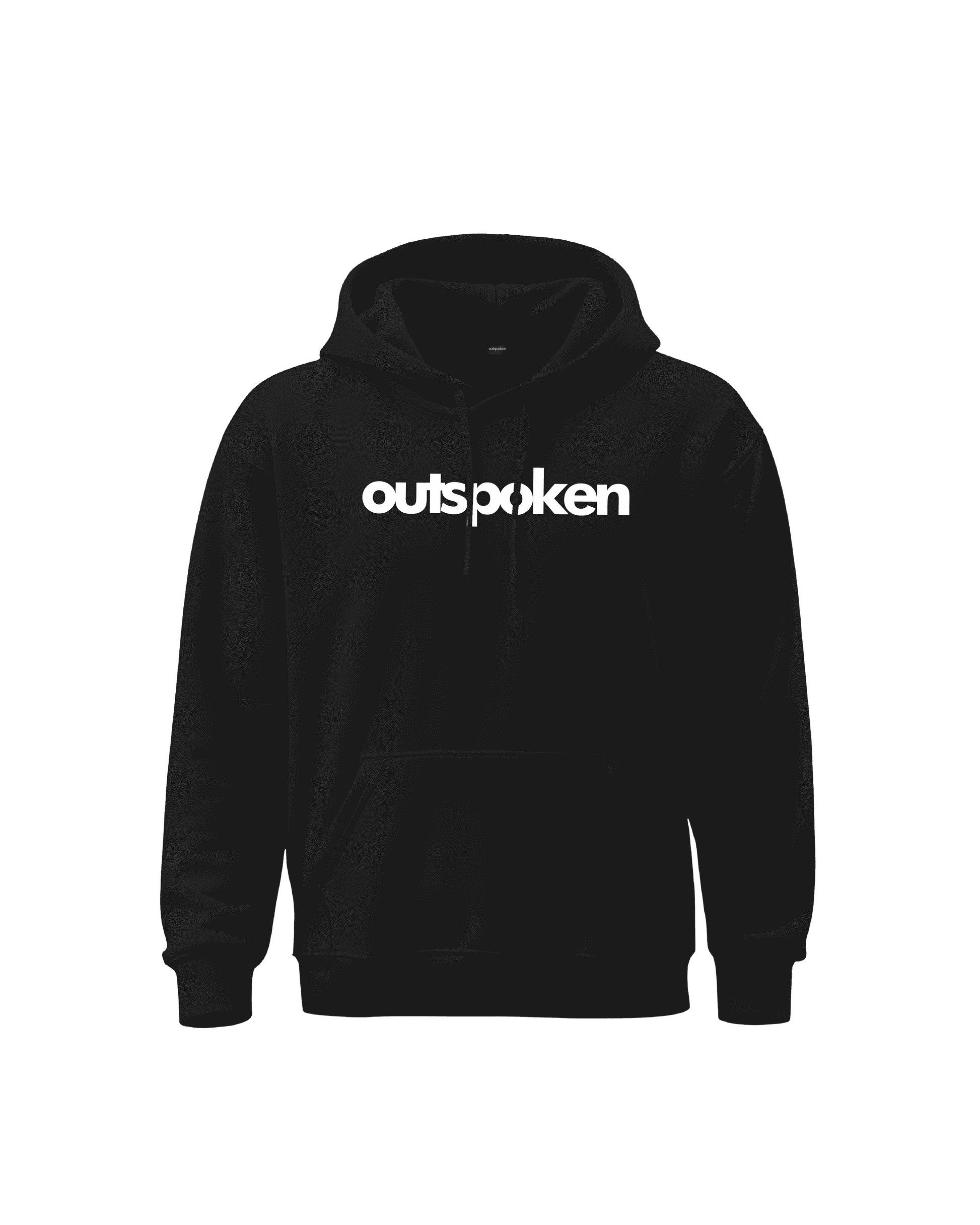 Black Outspoken hoodie featuring white logo text, stylish Indian history clothing for casual wear