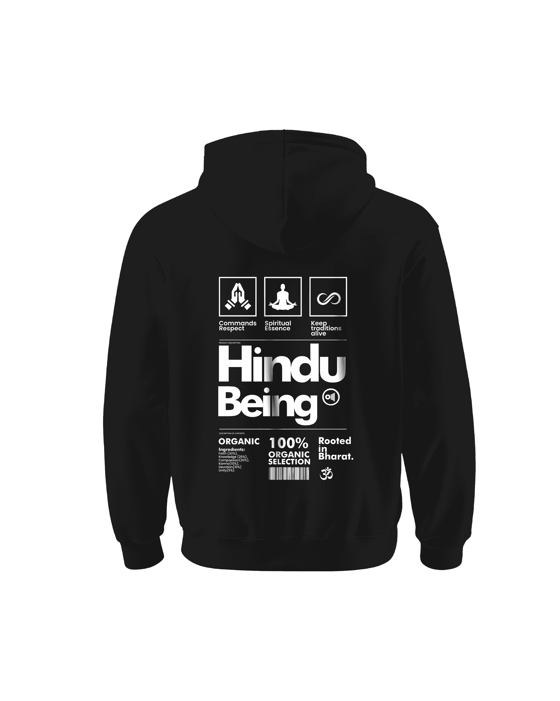 Black hoodie from Outspoken with white Hindu Being text and symbols featuring Indian history clothing design