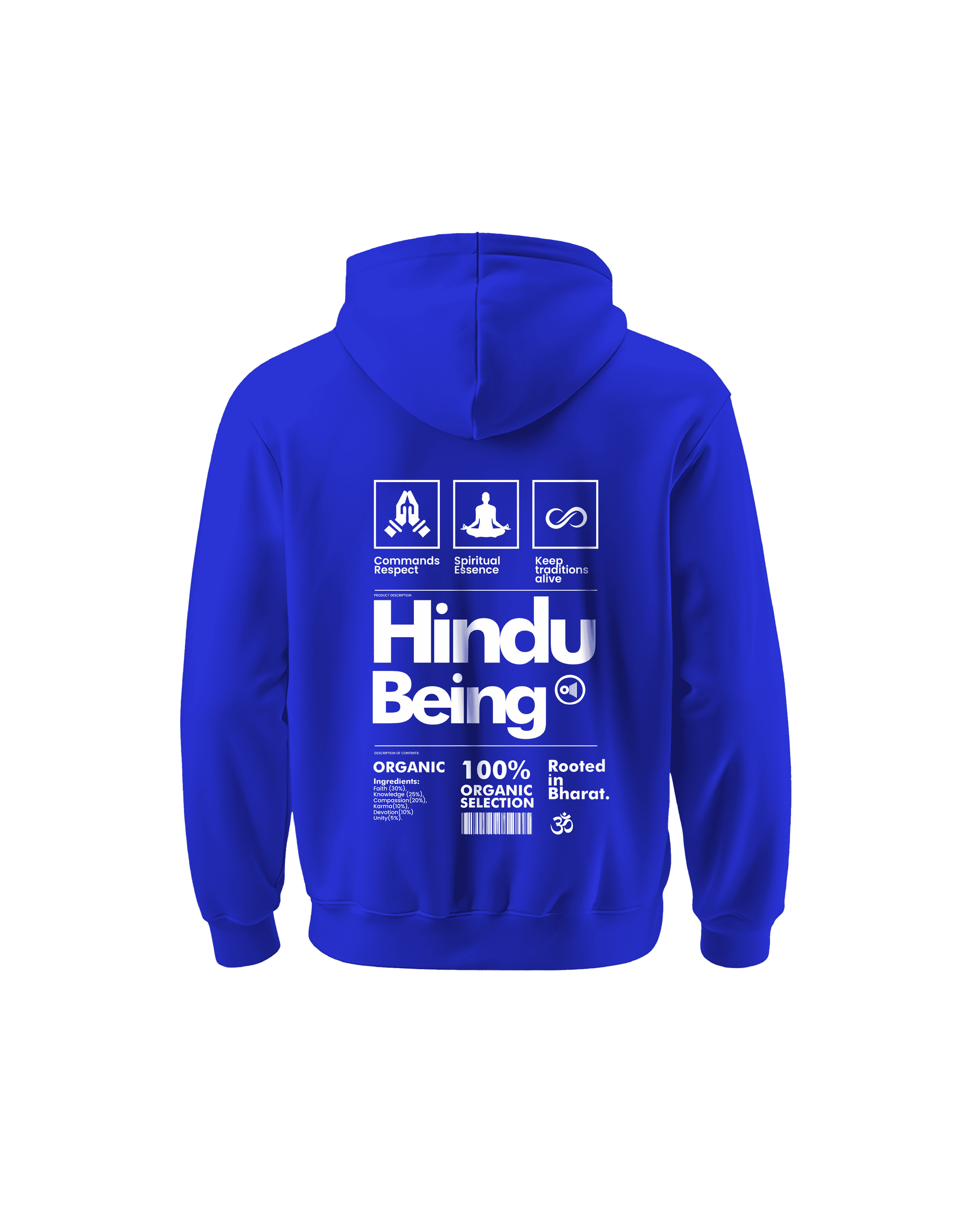 Blue hoodie from Outspoken with Hindu Being design featuring Indian history clothing theme