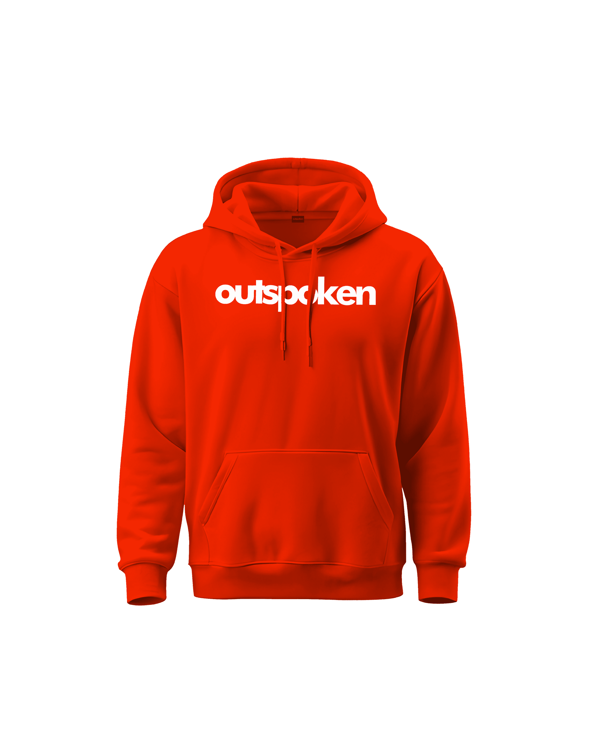 Outspoken bright orange hoodie with white logo text front Indian history clothing style