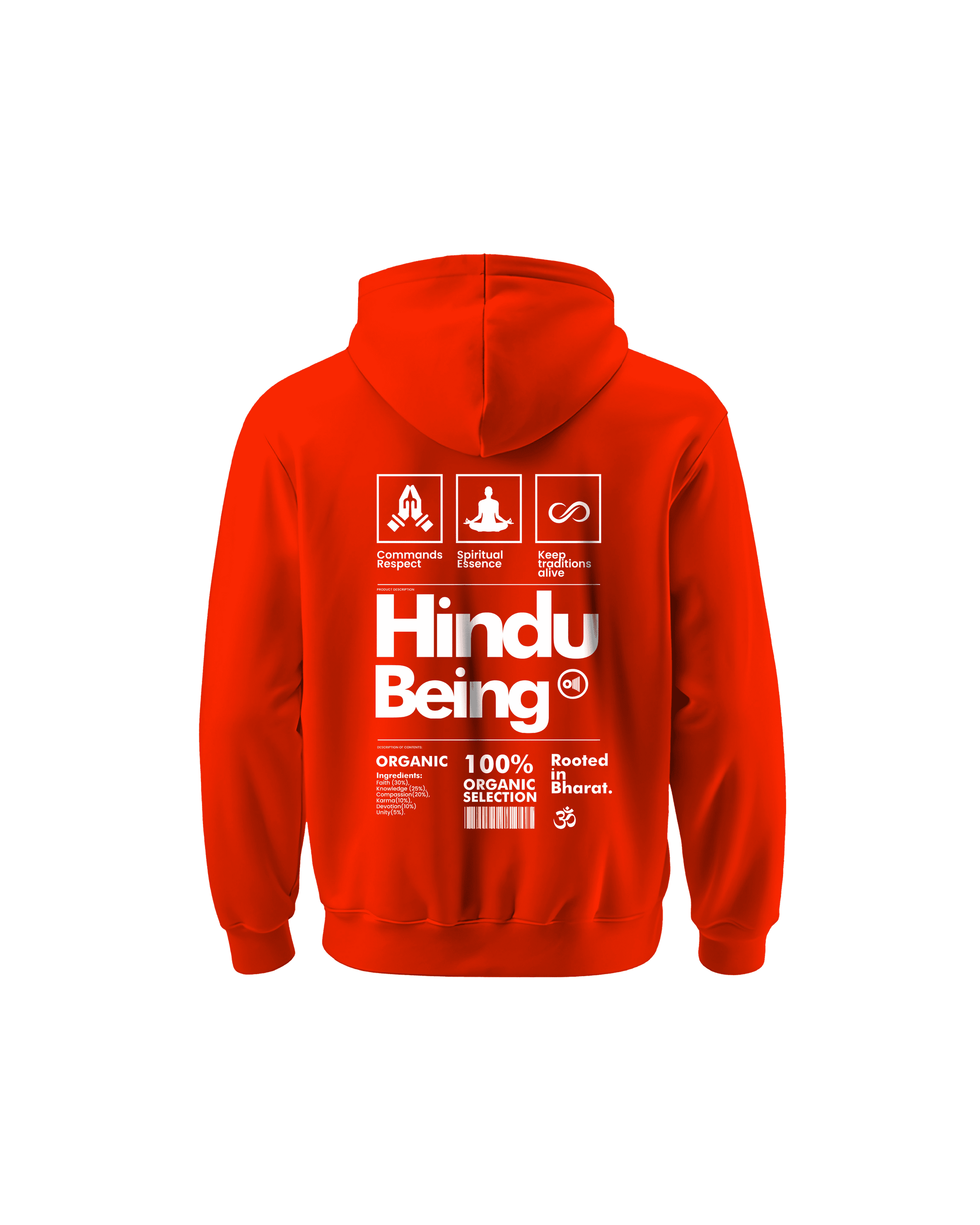 Red hoodie featuring Hindu Being design with symbols and text representing Indian history clothing
