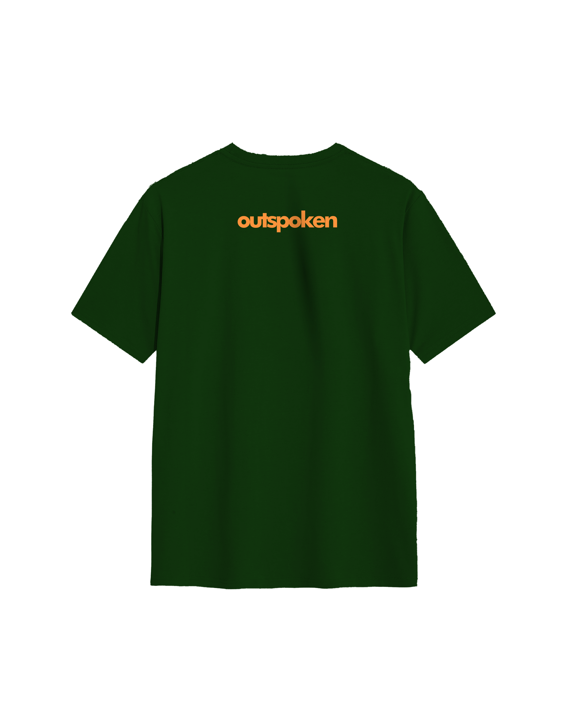 Outspoken green Indian language graphic tee with orange logo printed on the back
