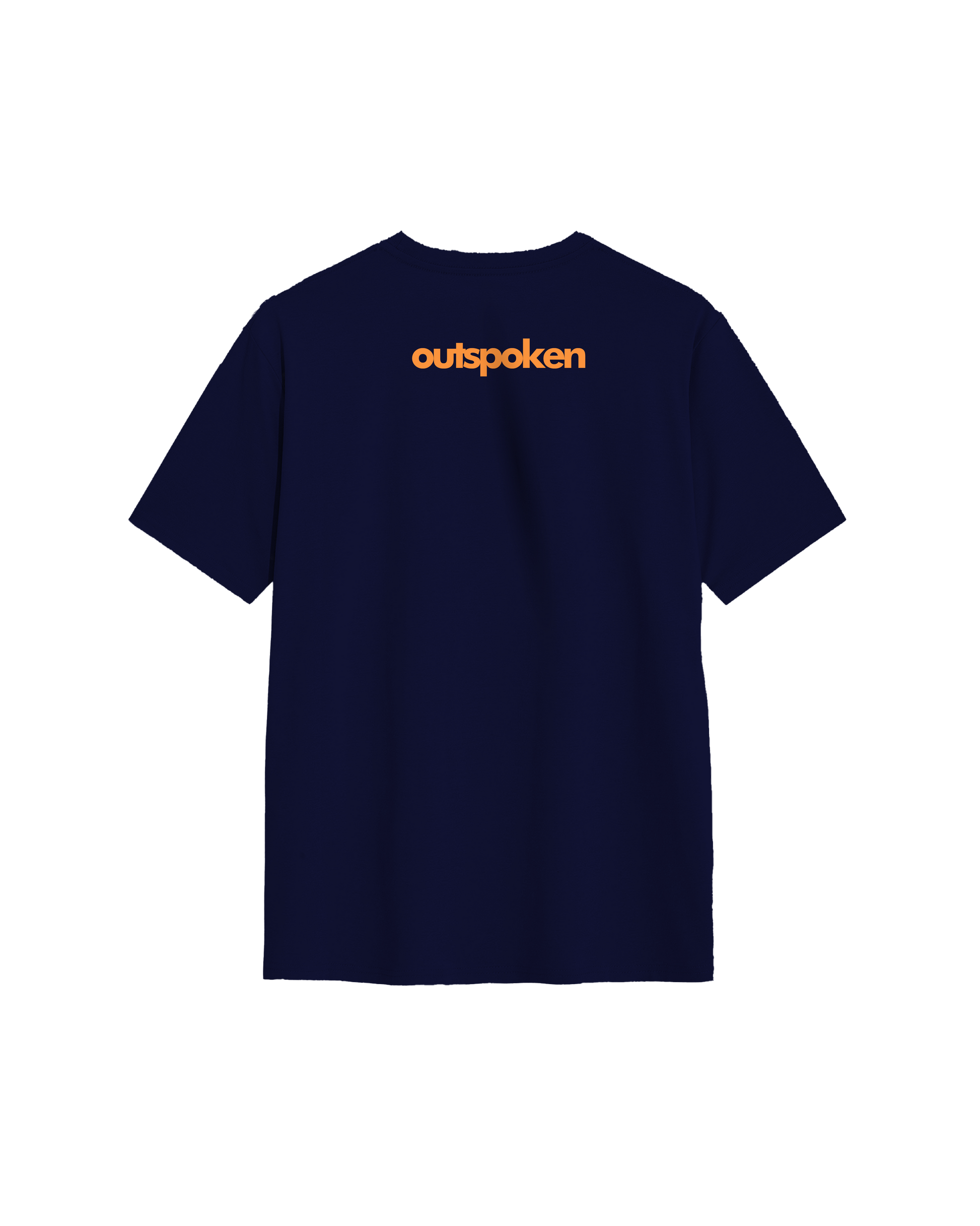 Outspoken navy blue Indian language graphic tee with orange logo printed on the back