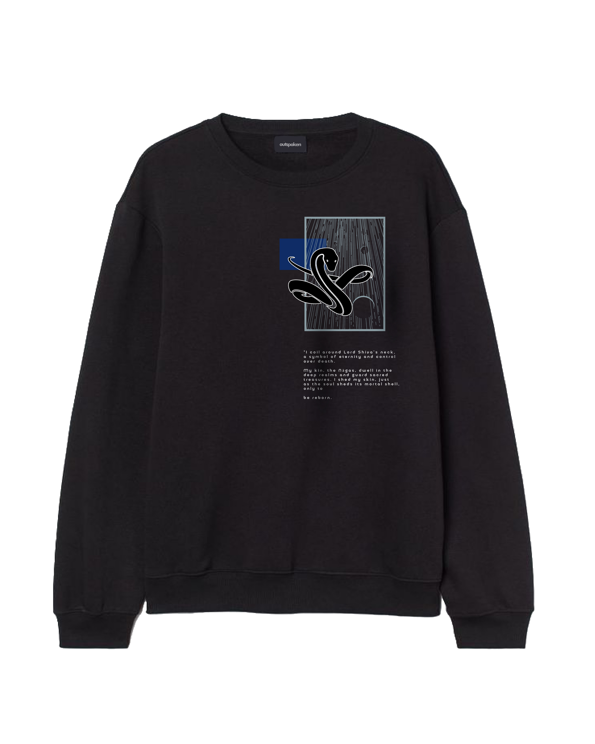 Black Outspoken sweatshirt featuring Indian mythology clothing design with abstract graphic and text