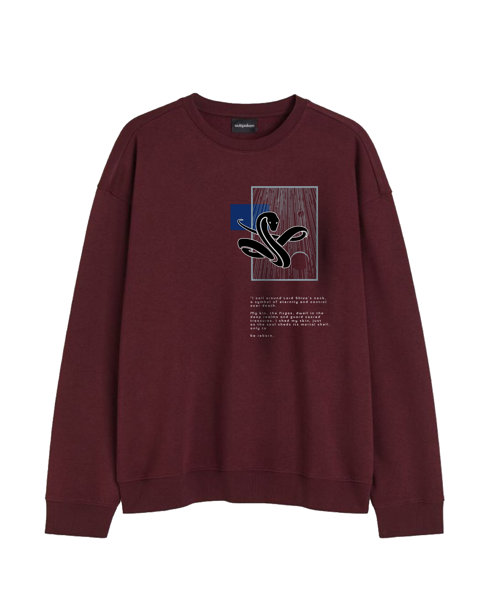 Outspoken maroon sweatshirt with black snake graphic and text, Indian mythology clothing style