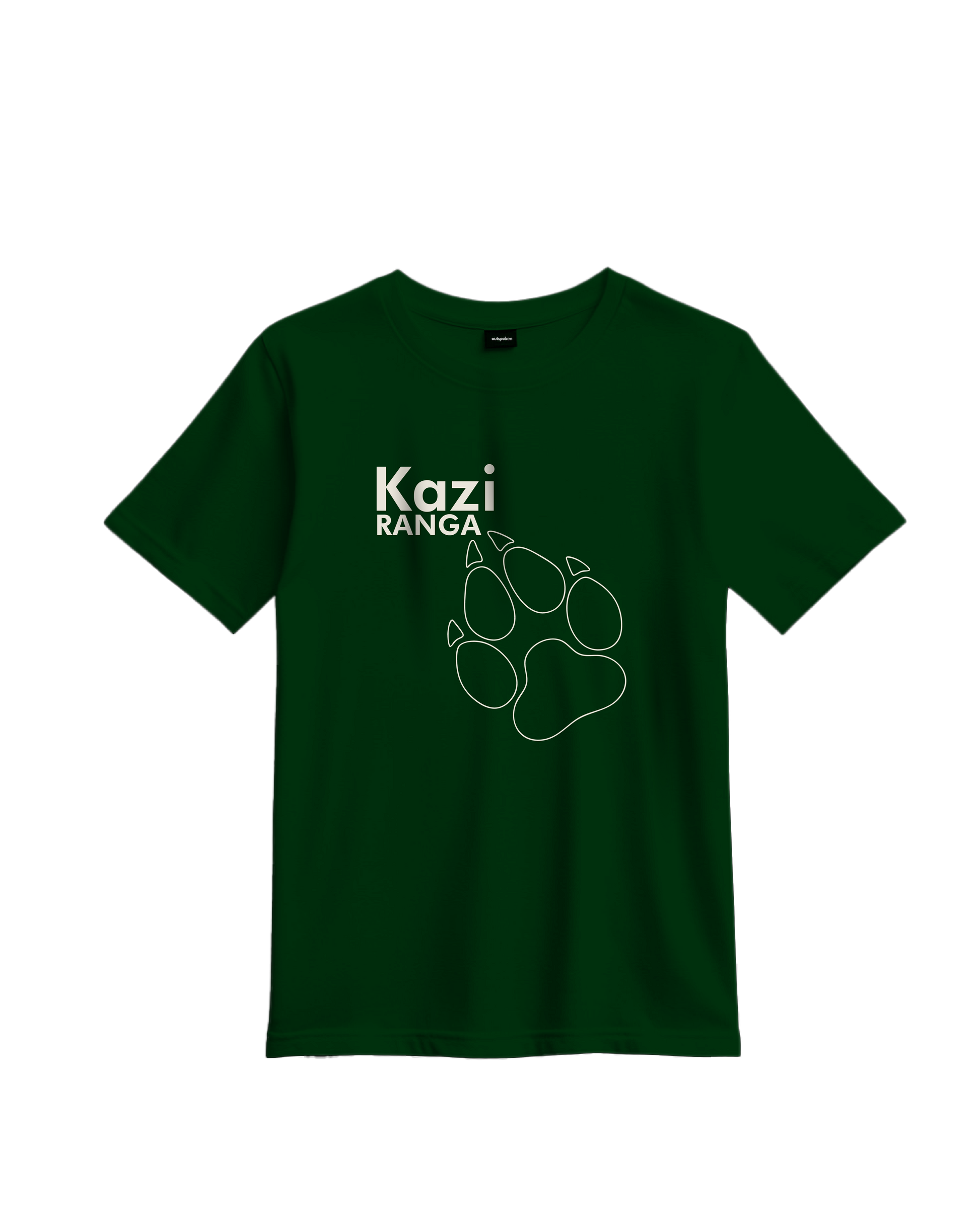 Outspoken green Kaziranga t-shirt with white text and animal paw print design on front