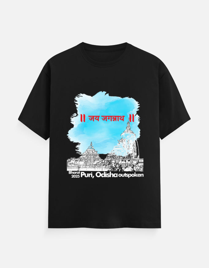 Black Puri Odisha heritage shirt by Outspoken featuring temple artwork and patriotic text